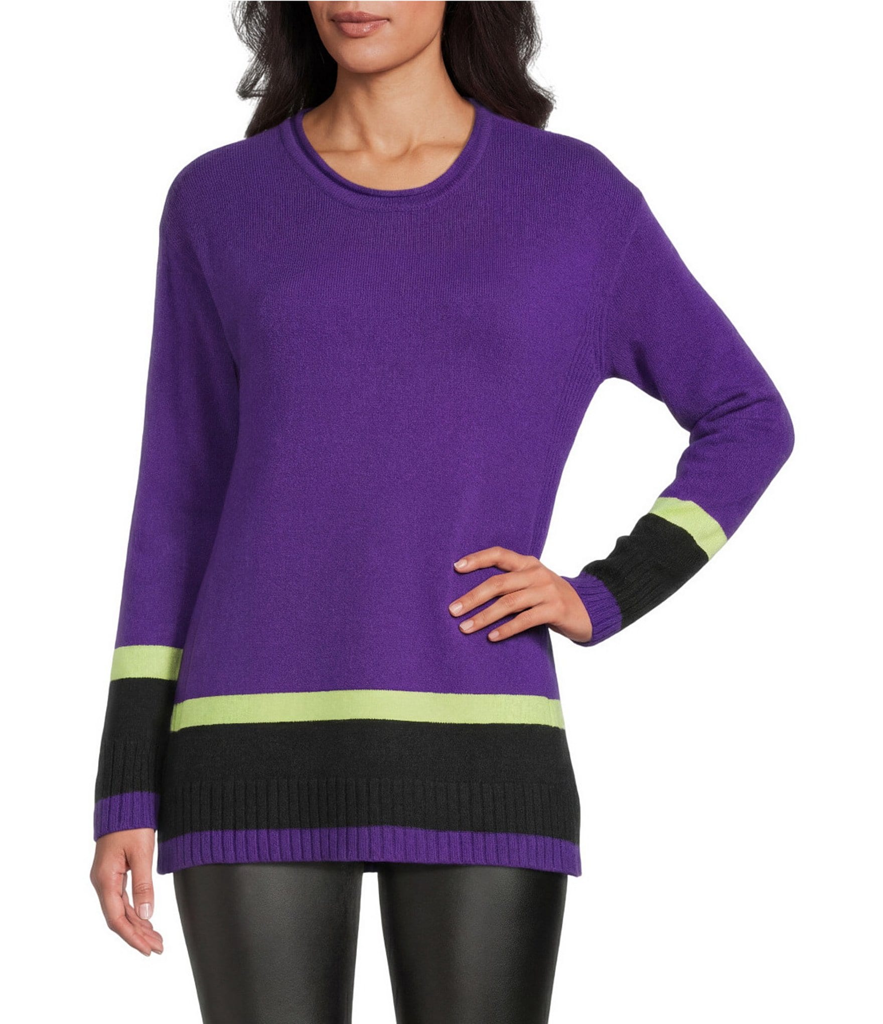 Slim Factor by Investments Madison Crew Neck Long Sleeve Double Stripe Sweater
