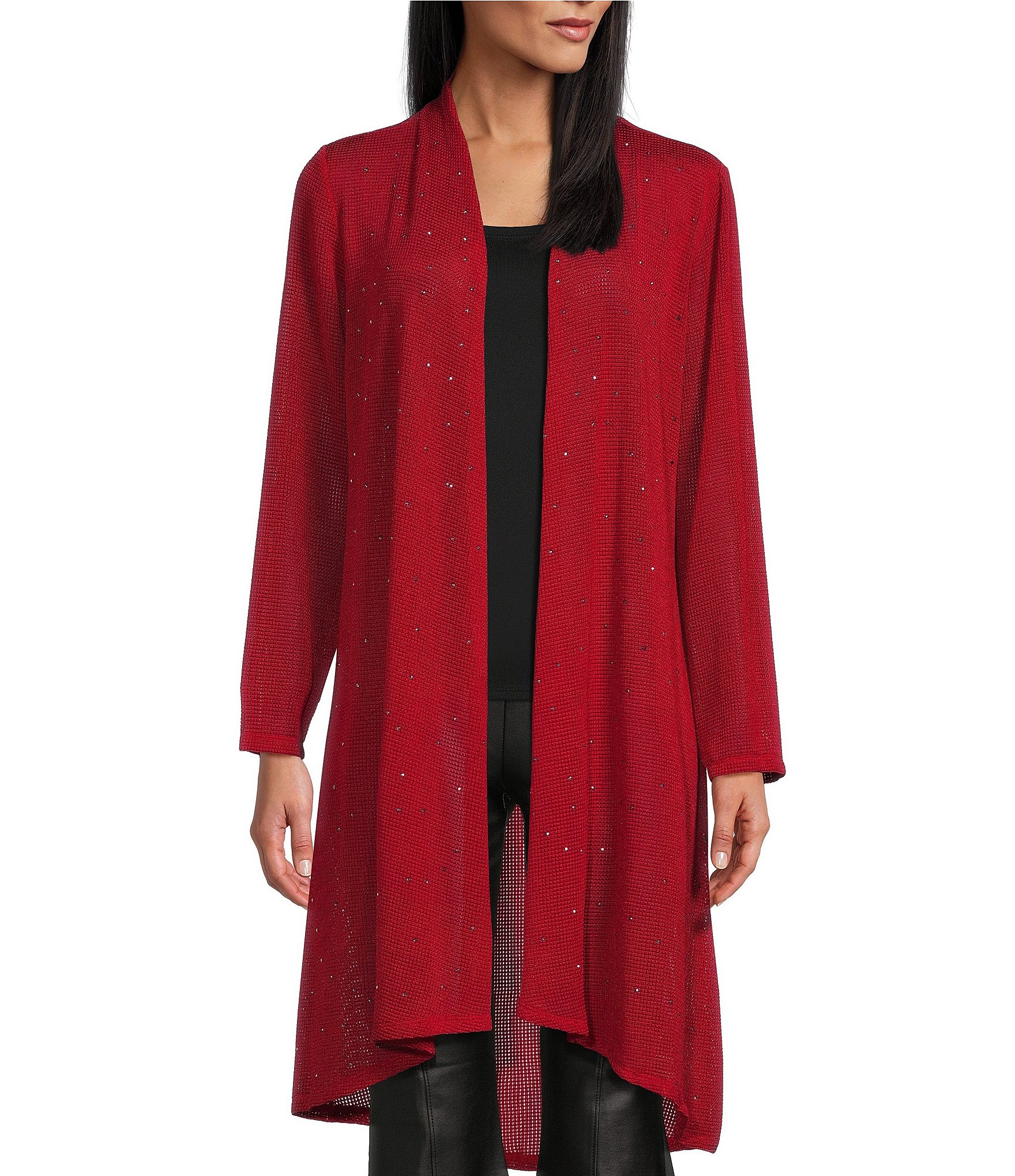 Slim Factor by Investments Open Front Beaded Waffle Rich Red Mesh Cardigan