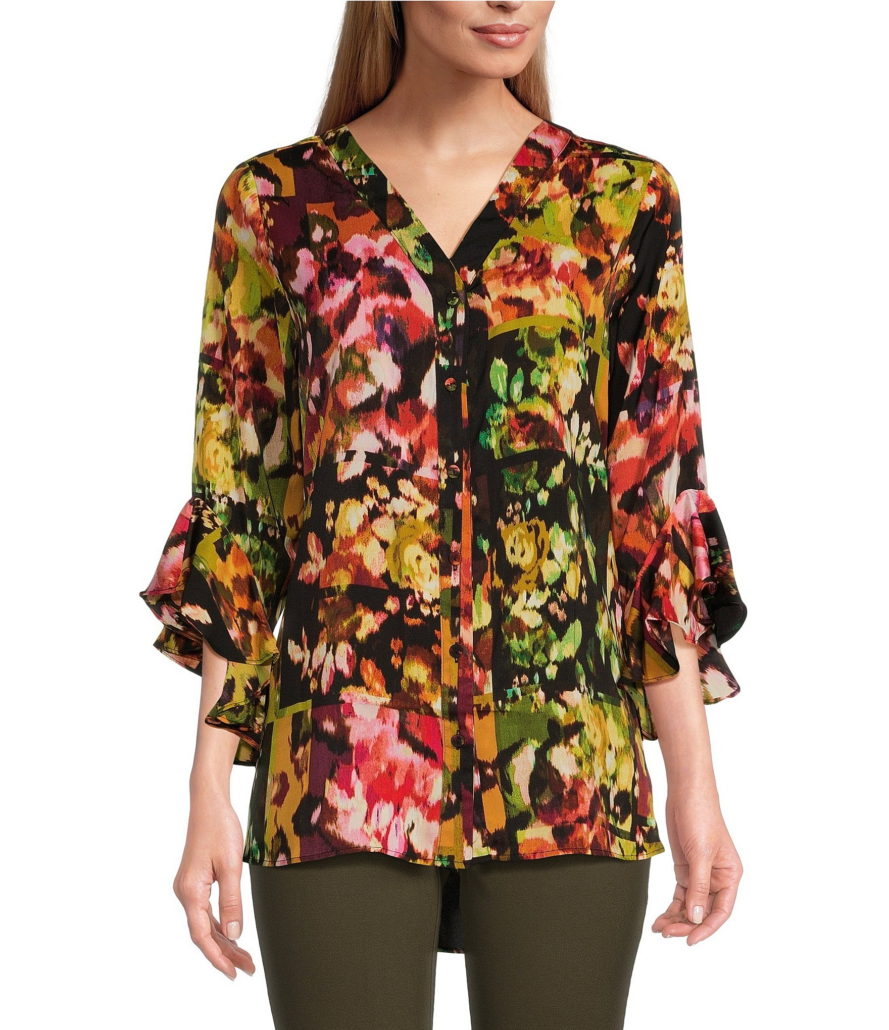 Slim Factor by Investments Patched Floral V-Neckline Ruffle Bracelet Sleeve Button Top