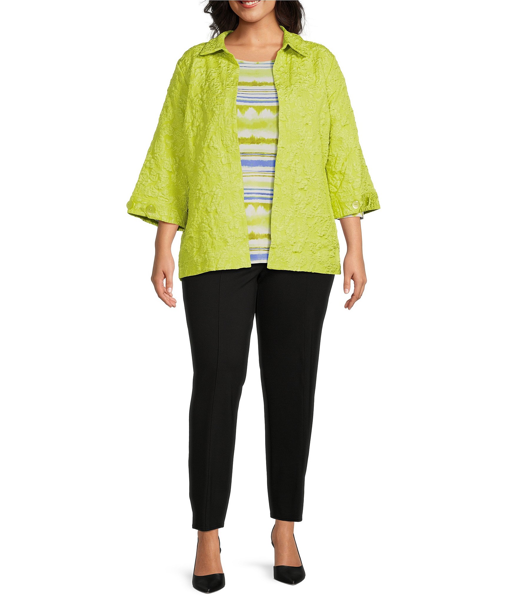 Slim Factor by Investments Plus Size 3/4 Sleeve Open Front Jacquard Jacket