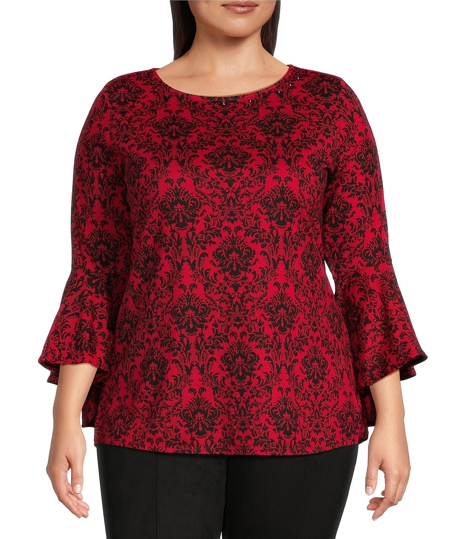 Ruby Rd. Plus Size Tile Print Knit Embroidered Notch Neck 3/4 Sleeve Top