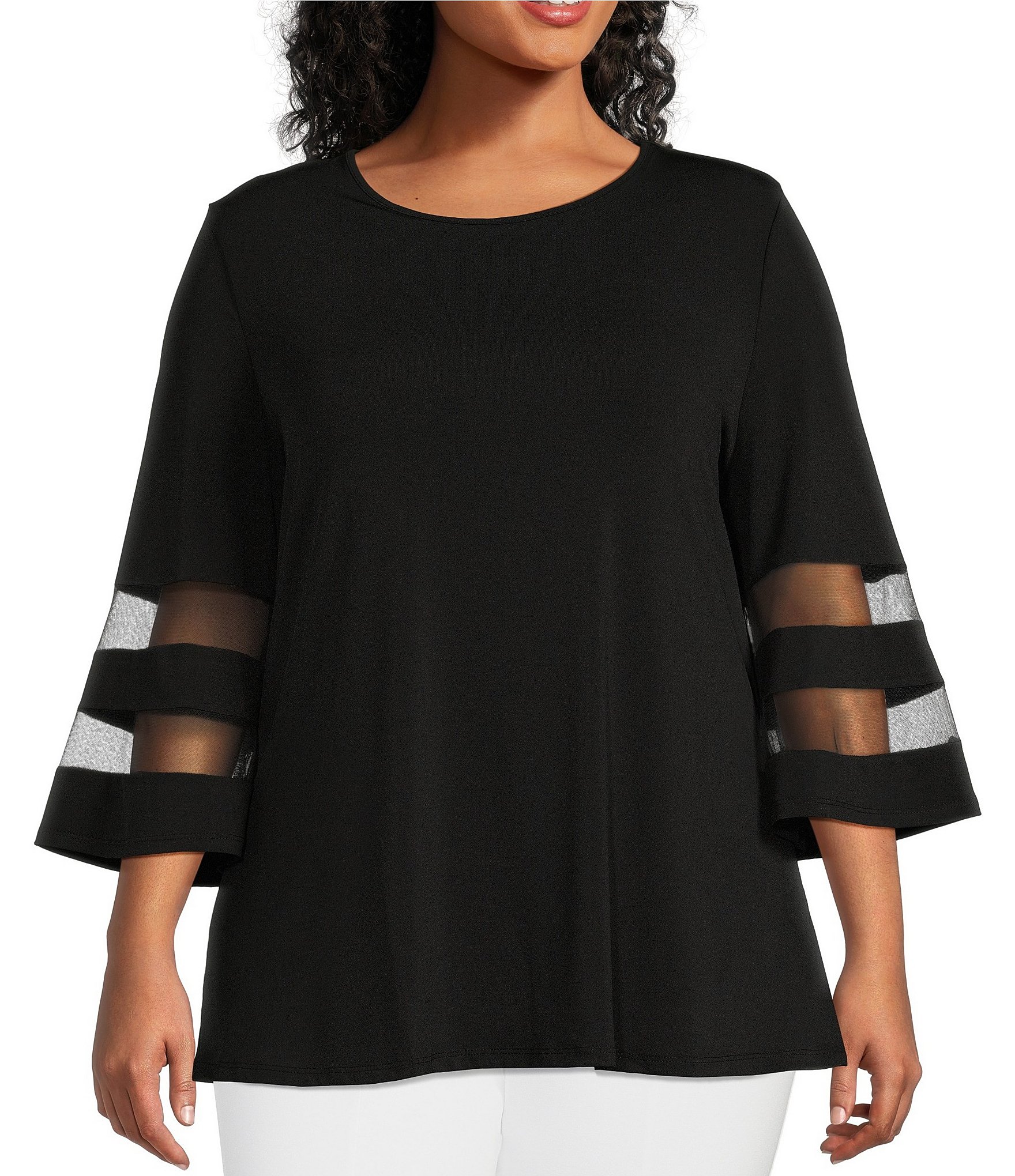 Slim Factor By Investments Plus Size Crew Neck 3/4 Flared Mesh Insert  Sleeve Knit Top | Dillard's