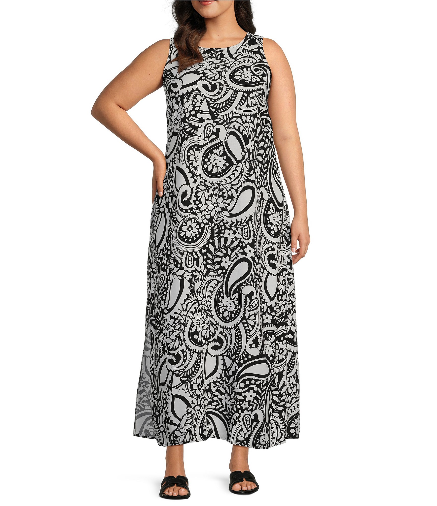 Slim Factor by Investments Plus Size Monotone Stencil Print Sleeveless Crew  Neck Maxi Dress | Dillard's