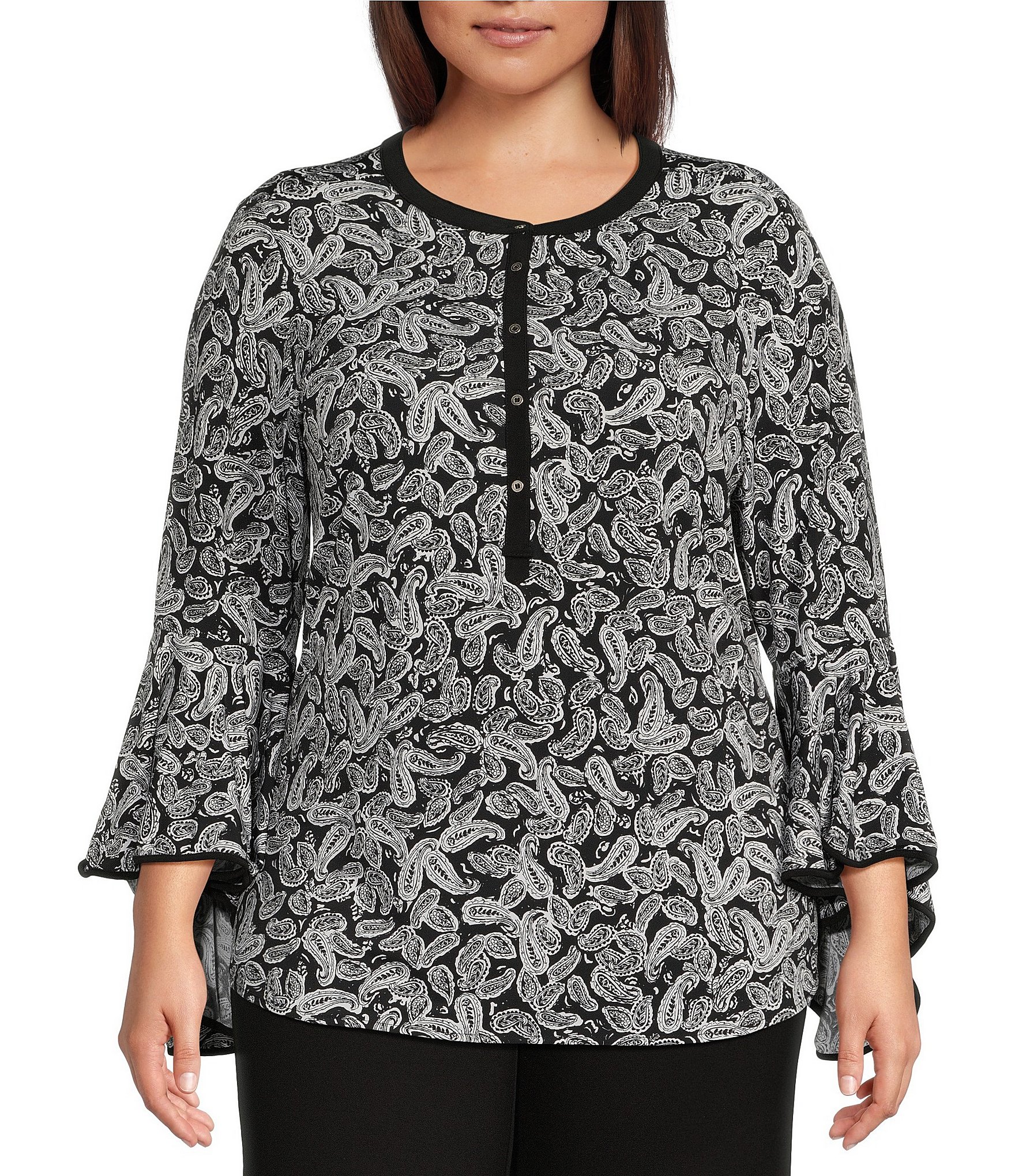 Slim Factor by Investments Plus Size Paisley Print Long Ruffled Sleeve ...
