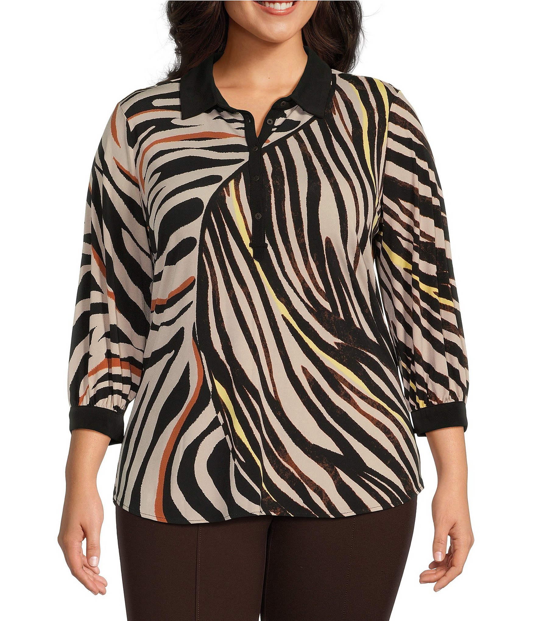 Slim Factor by Investments Plus Size Palm Leaf Print 3/4 Sleeve Button ...