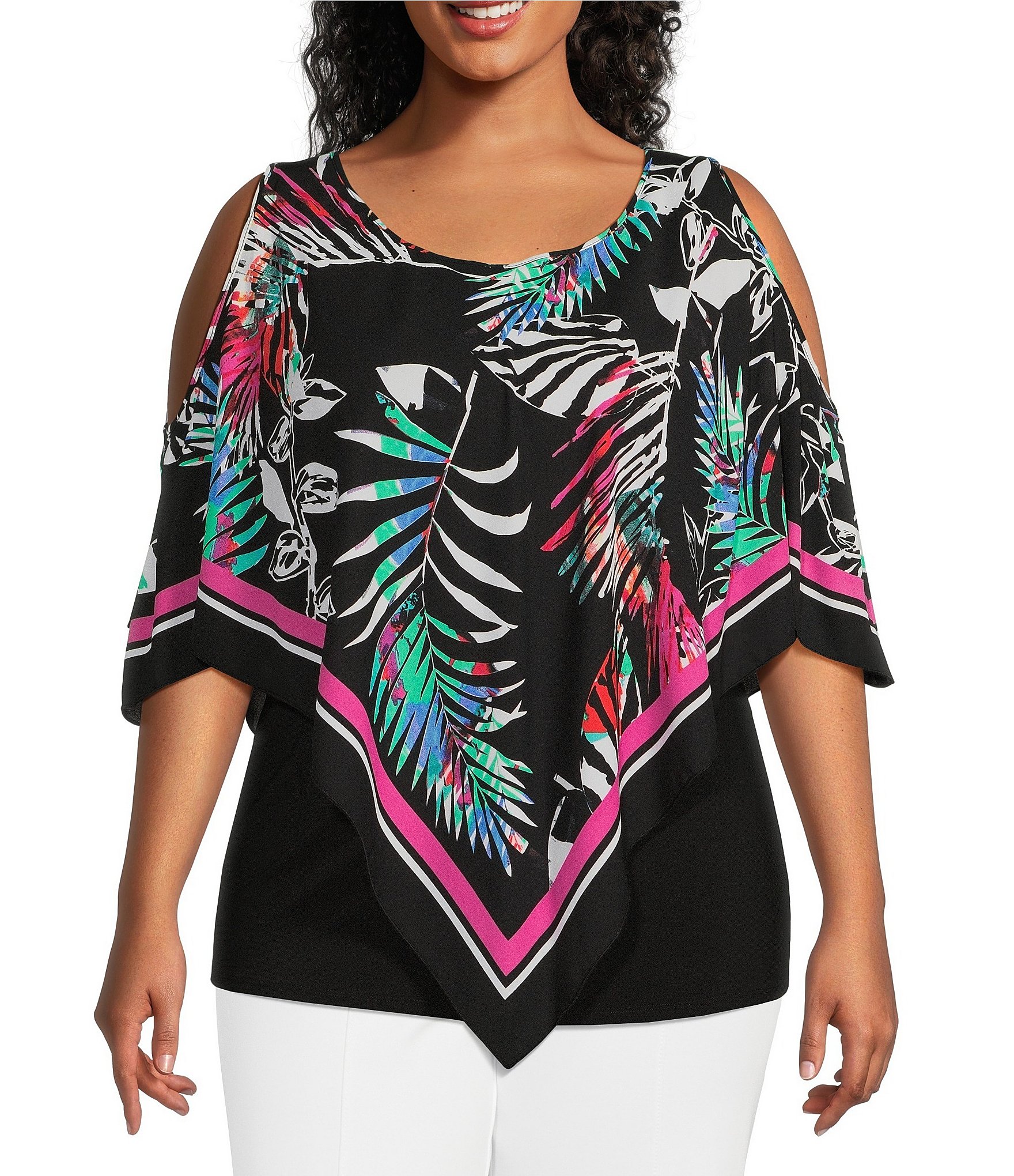 Slim Factor by Investments Plus Size Palm Print Round Neck 3/4 Sleeve ...