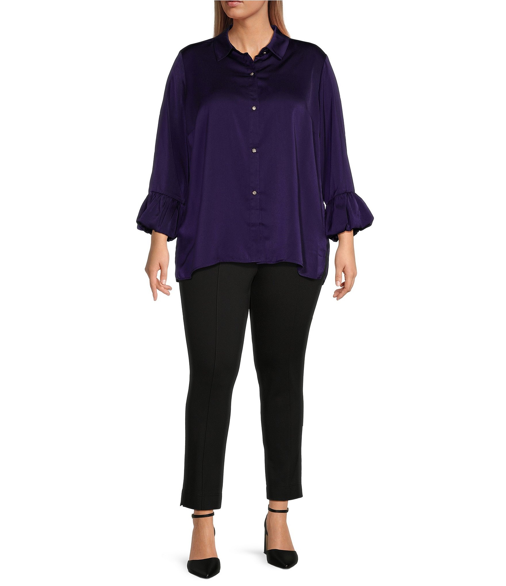 Slim Factor by Investments Plus Size Point Collar Y-Neck 3/4 Sleeve Bubble Cuff Button Down Top