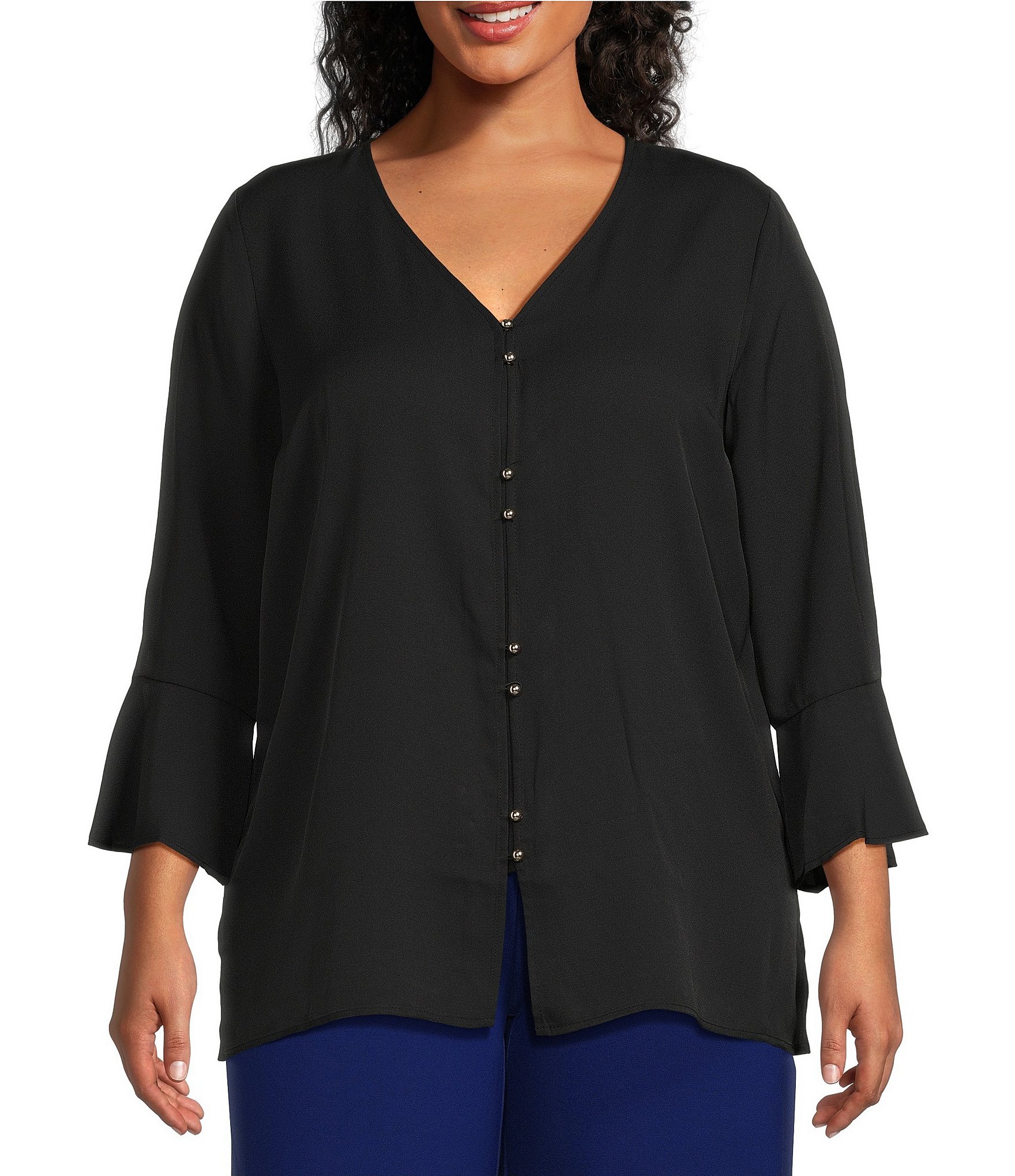 Slim Factor by Investments Plus Size V-Neck 3/4 Flounce Sleeve Button ...