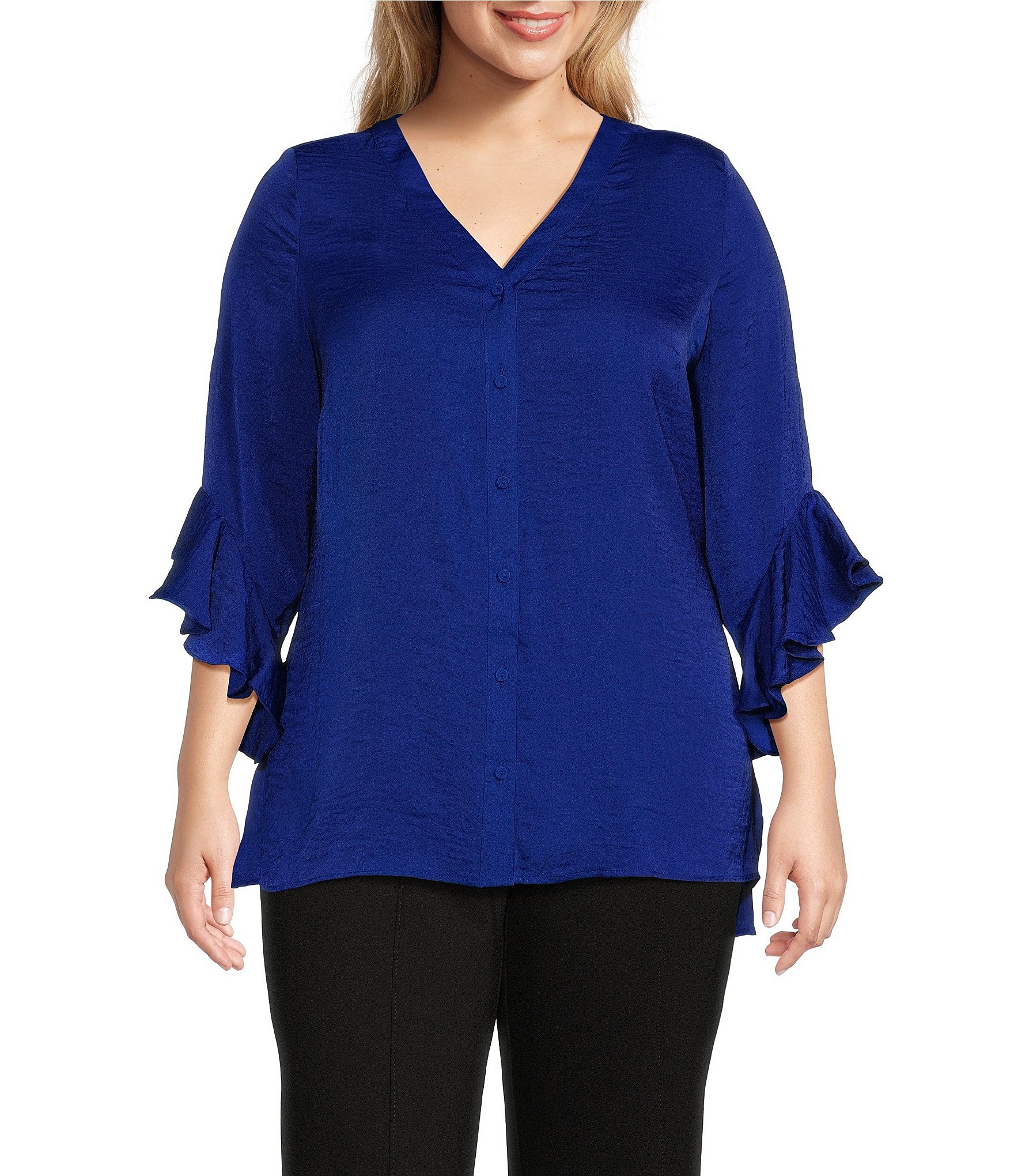 Slim Factor by Investments Plus Size V-Neck 3/4 Ruffle Sleeve Button ...