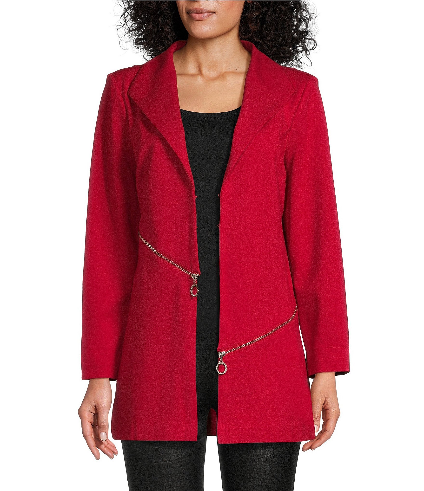 【EEUN】Double Slim Jacket Slim Factor by Investments Ponte Long Sleeve Asymmetrical