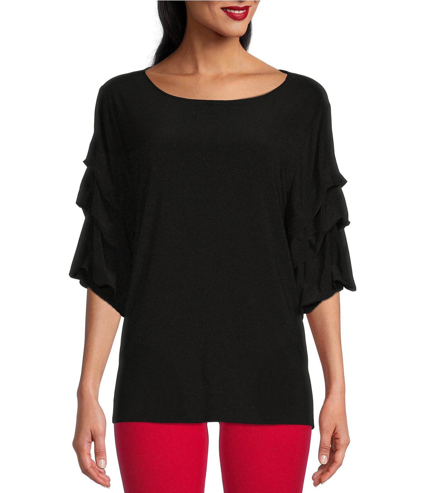 Slim Factor by Investments Round Neck 3/4 Tier Sleeve Knit Top | Dillard's