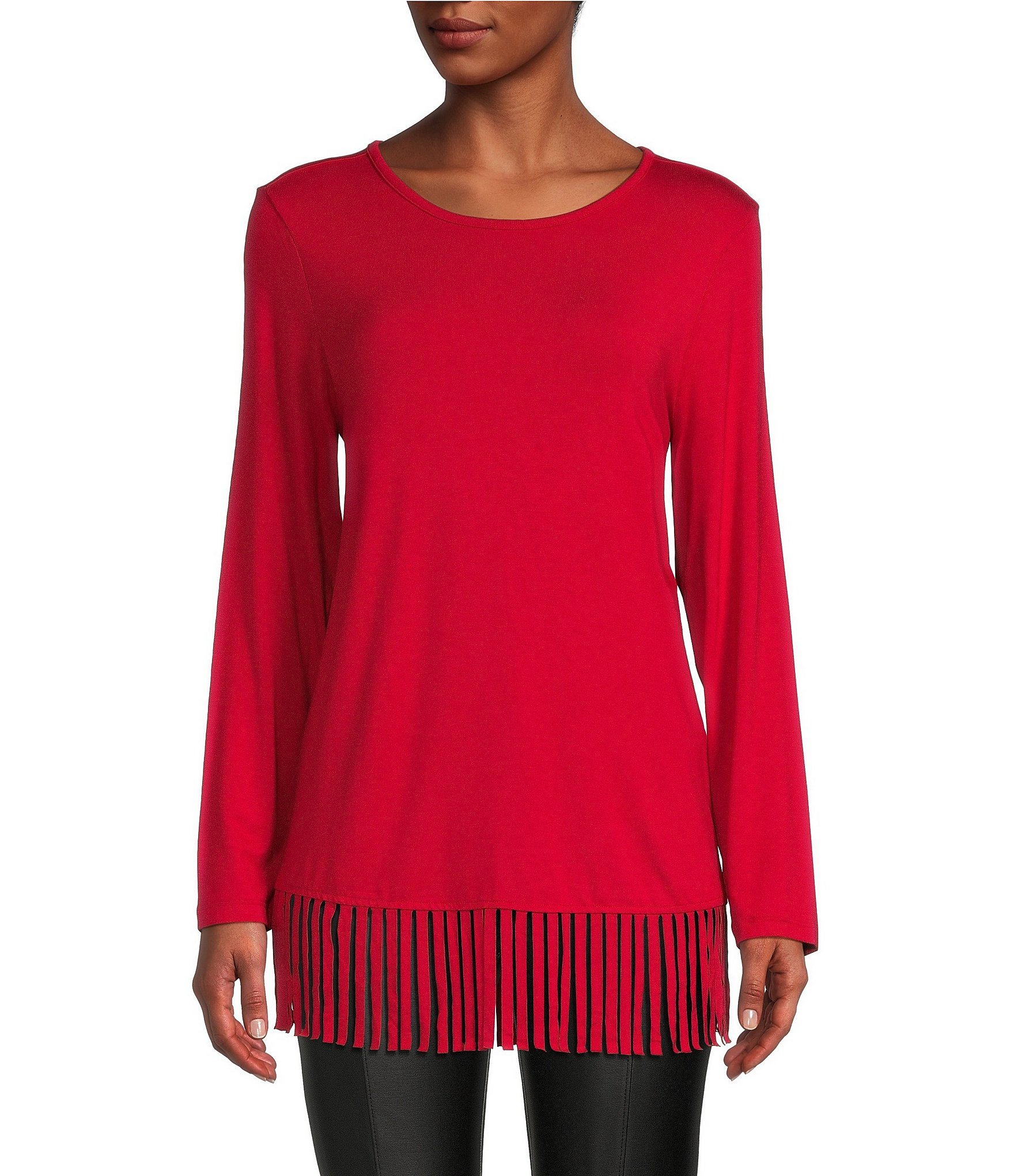 Slim Factor By Investments Round Neck Fringe Hem Long Sleeve