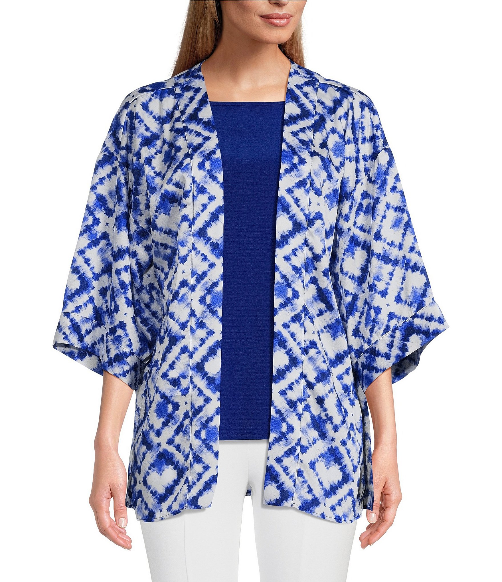 Slim Factor by Investments Royal Tie Dye 3/4 Sleeve Kimono | Dillard's