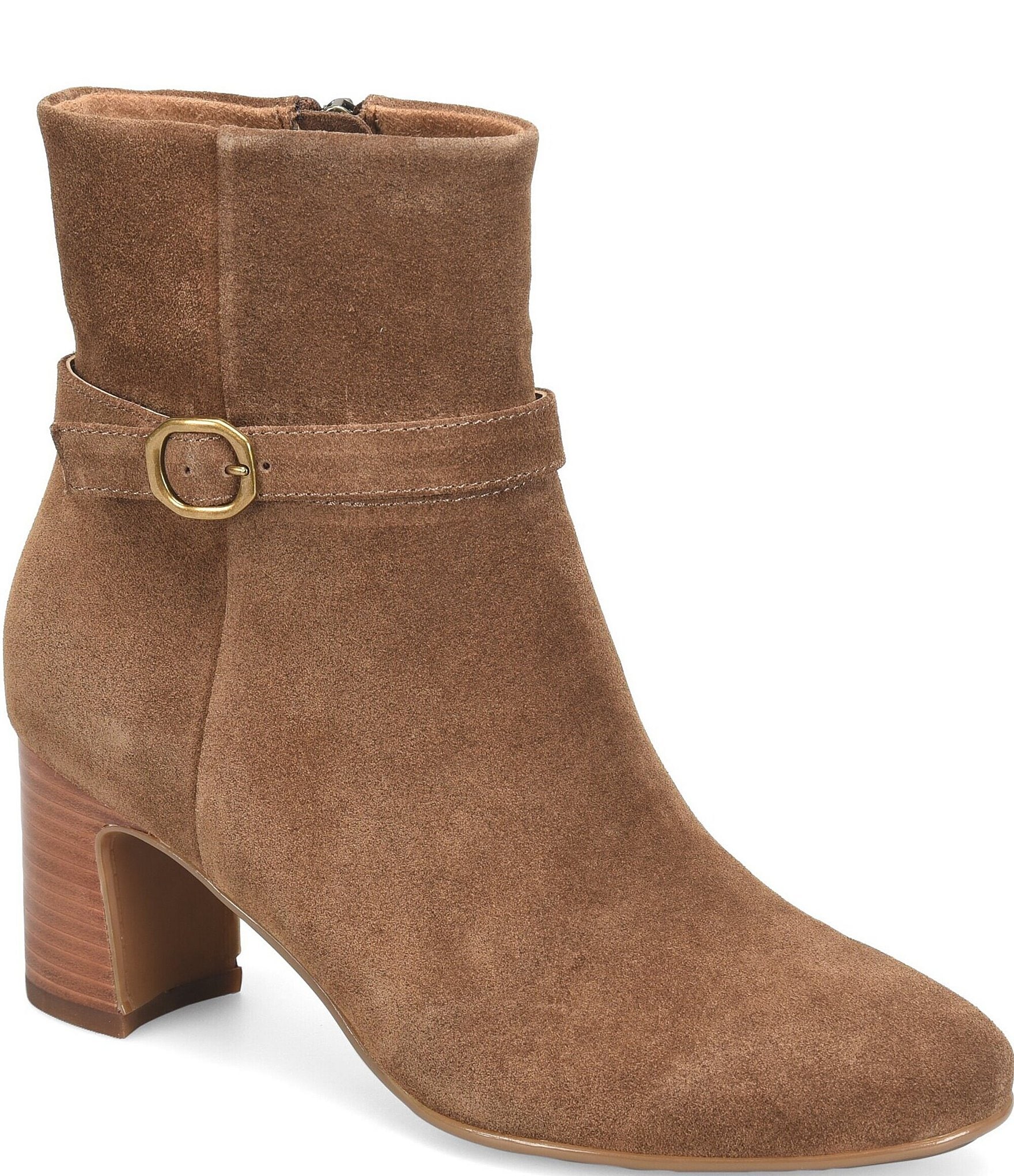 Sofft Albany Waterproof Suede Buckle Strap Hardware Block Heel Booties