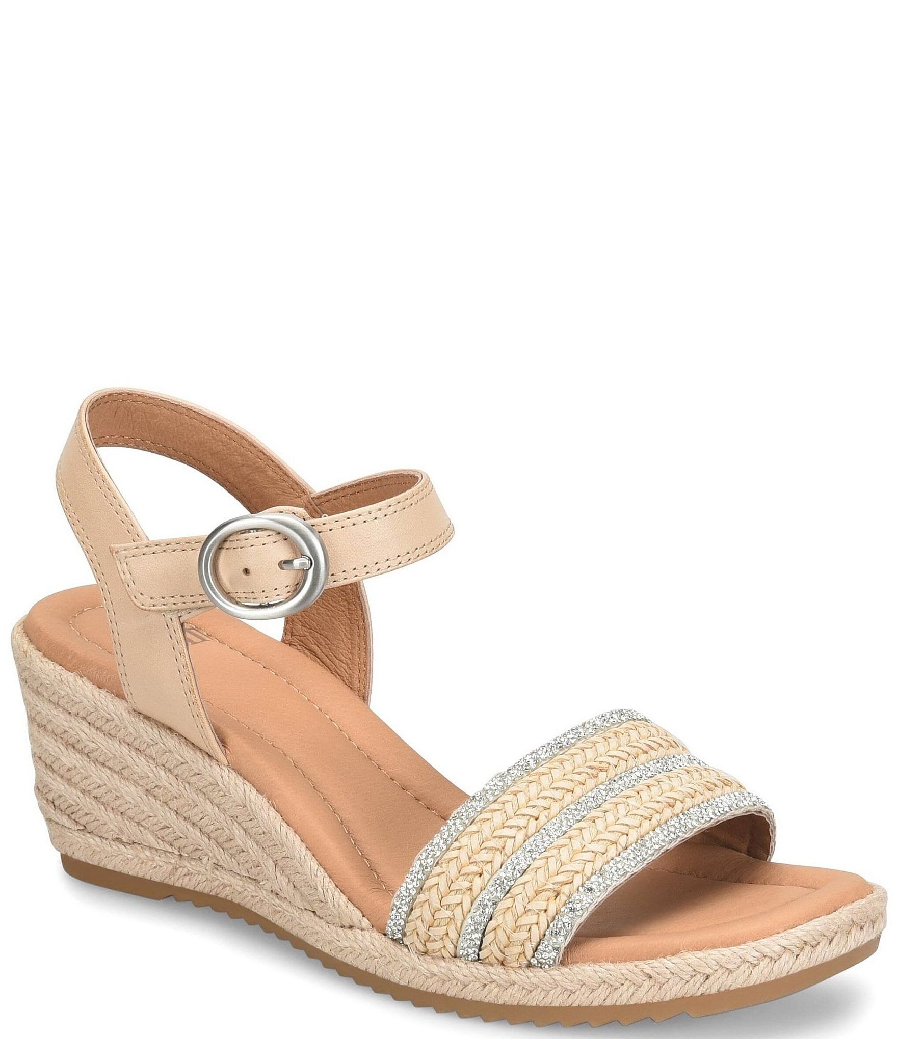 Sofft Inez II Woven Raffia Rhinestone Platform Espadrille Wedge Sandals