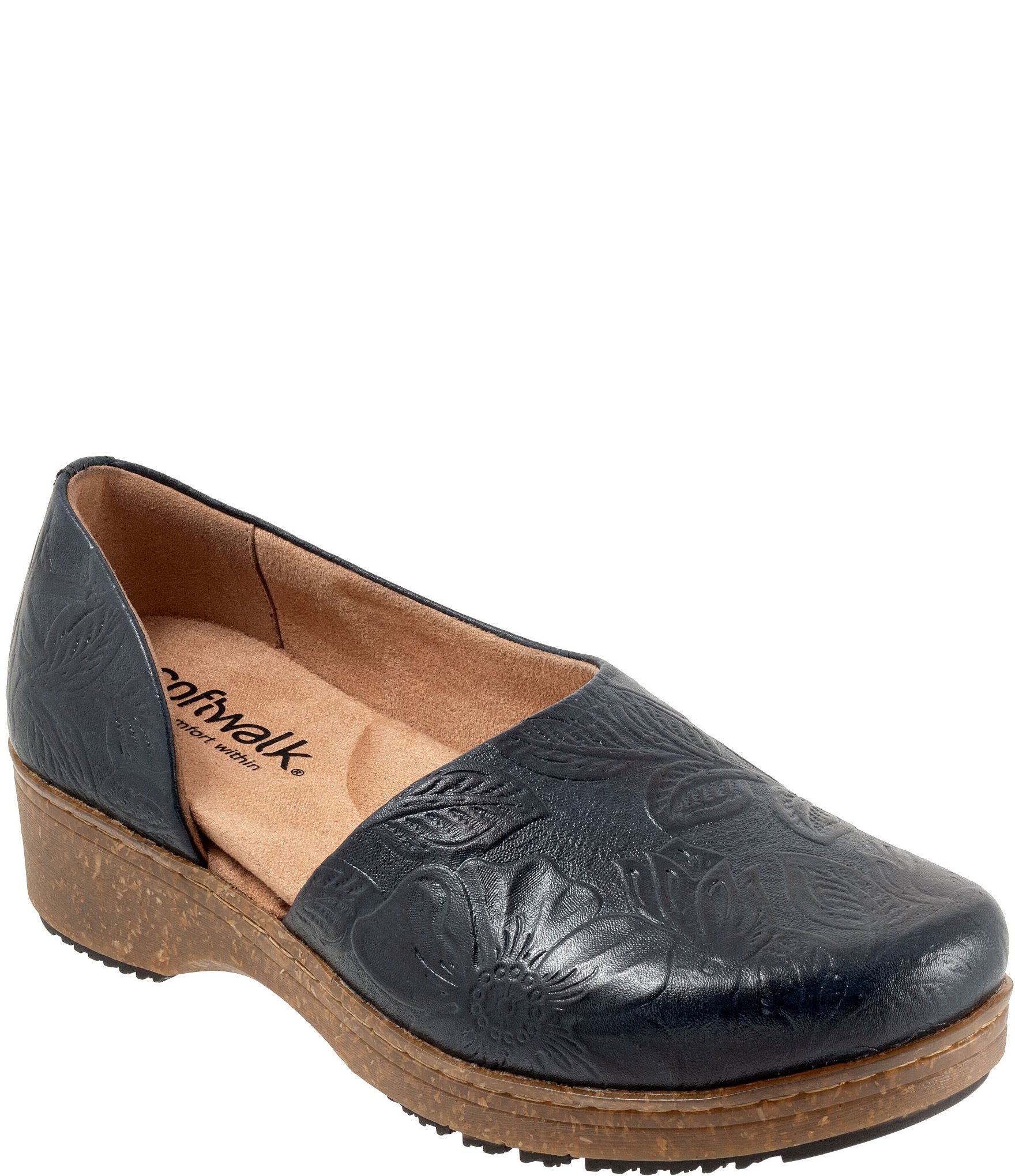 SoftWalk Addie Floral Embossed Leather Open Side Clogs