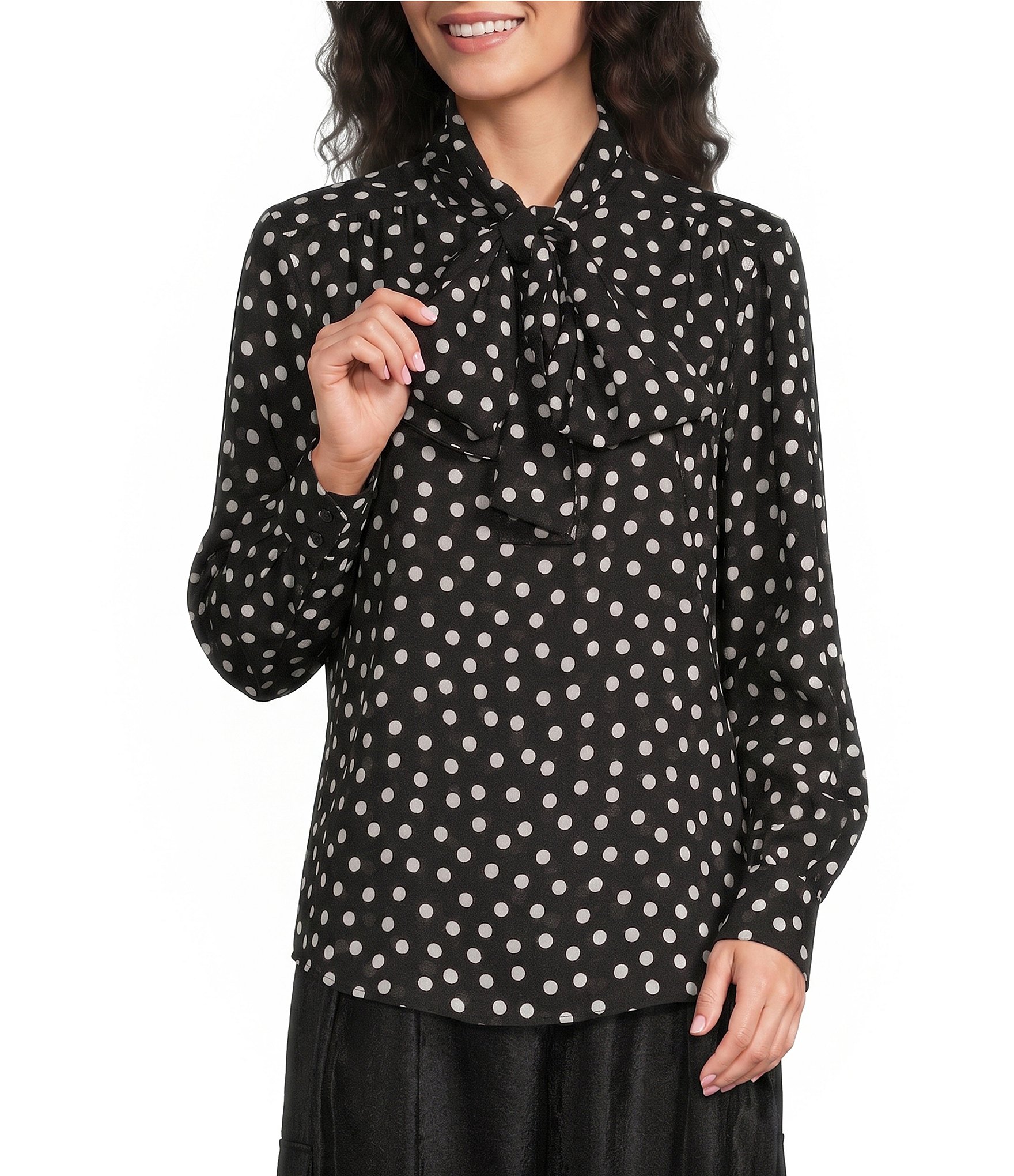 Sonia Rykiel Dotted Print Tie Neck Long Sleeve Top