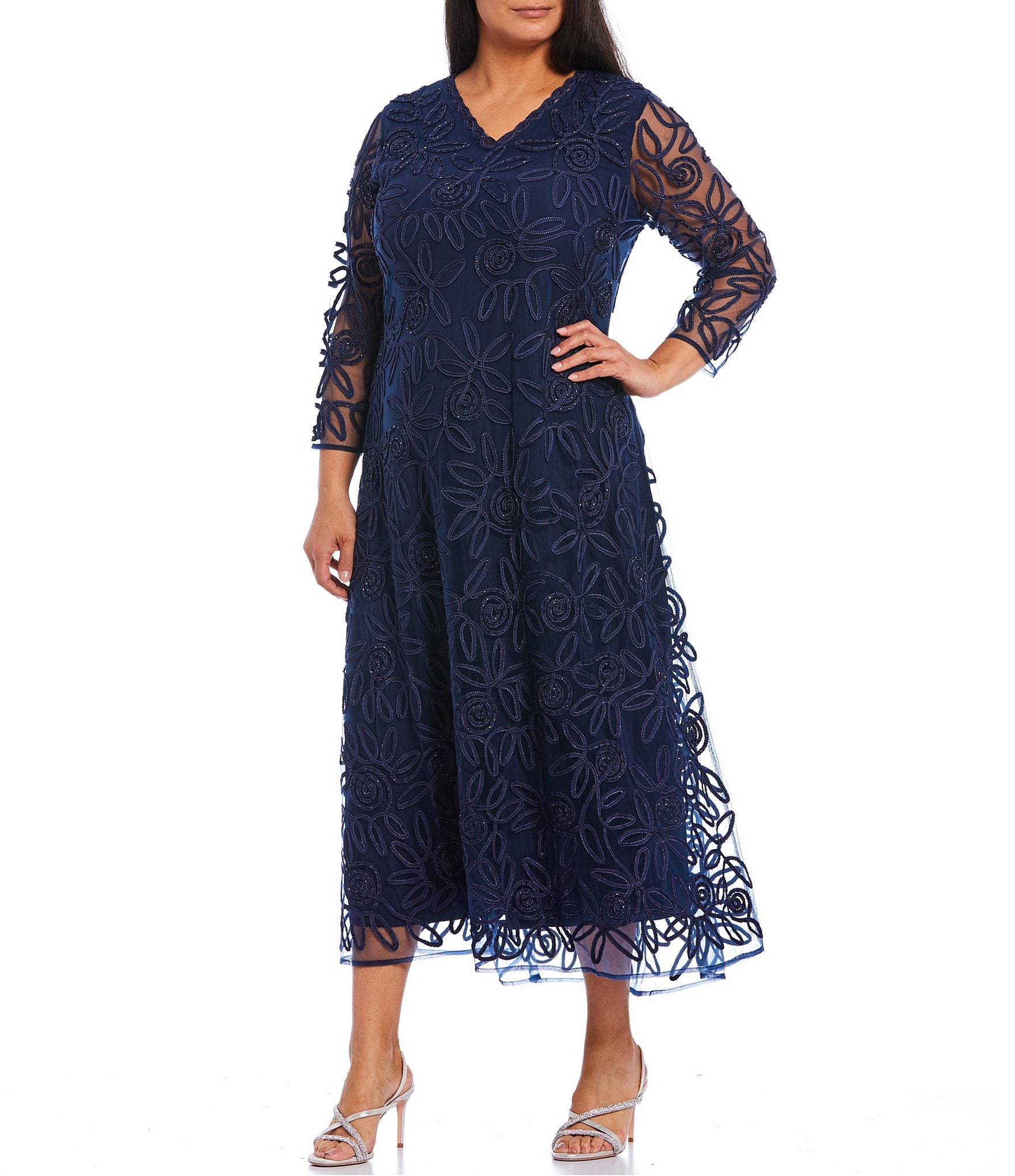 Soulmates Plus Size V-Neck 3/4 Sleeve Sequin Soutache Midi A-Line Gown ...