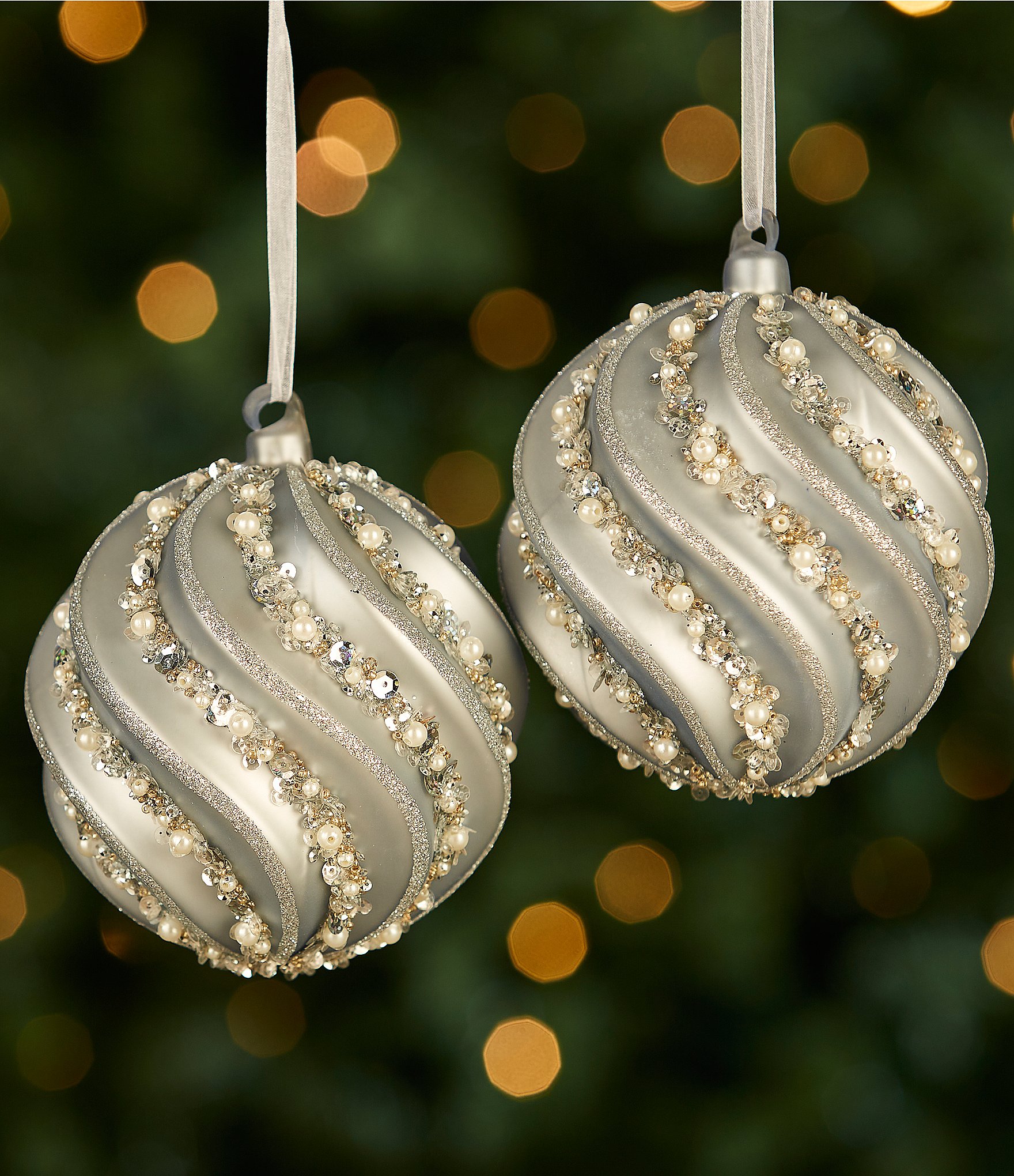 Southern Living Blue Christmas Collection Pearlized Swirled Glass Ball Ornament, Set of 2