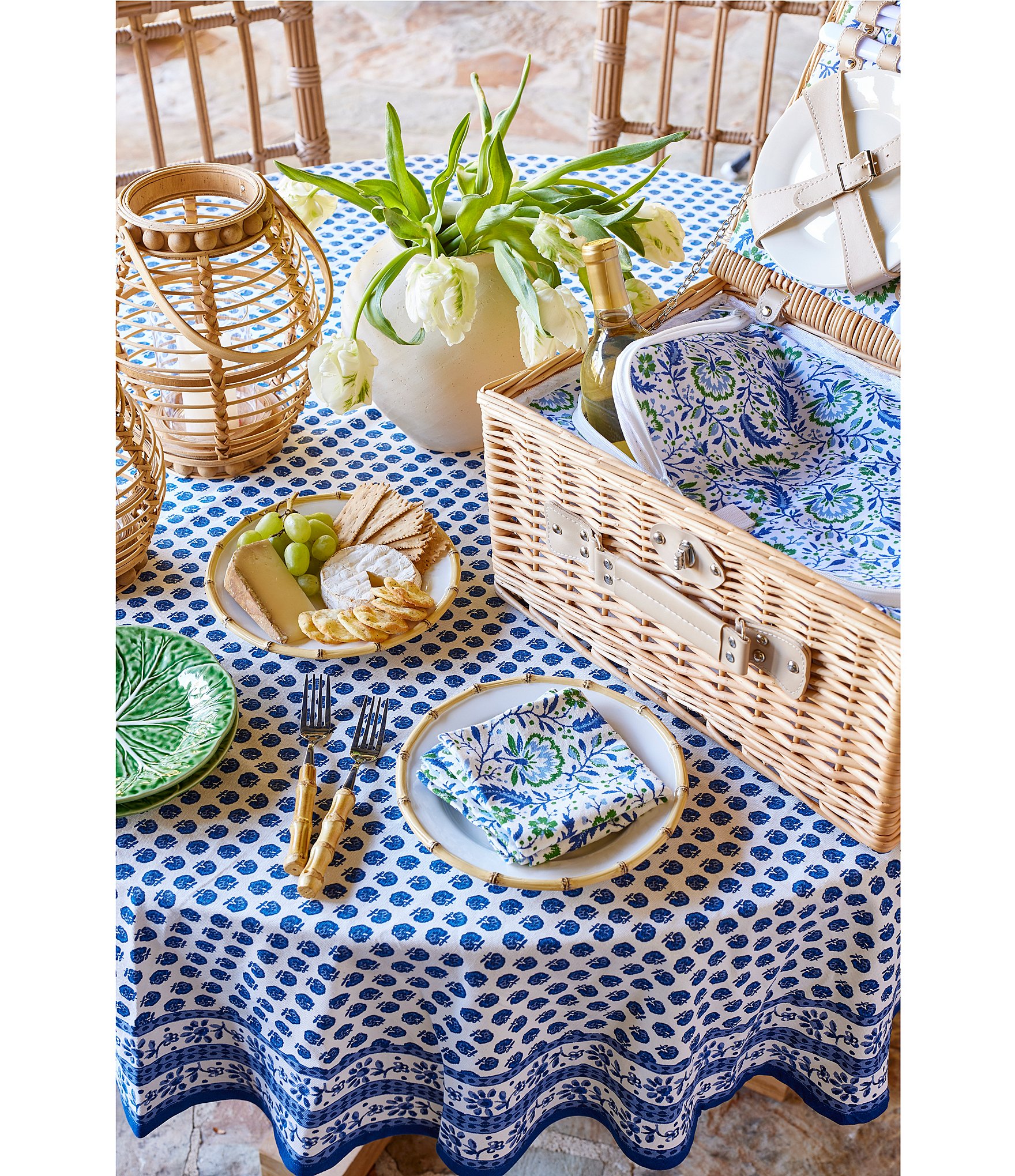 Southern Living Blue Floral Block Print Tablecloth