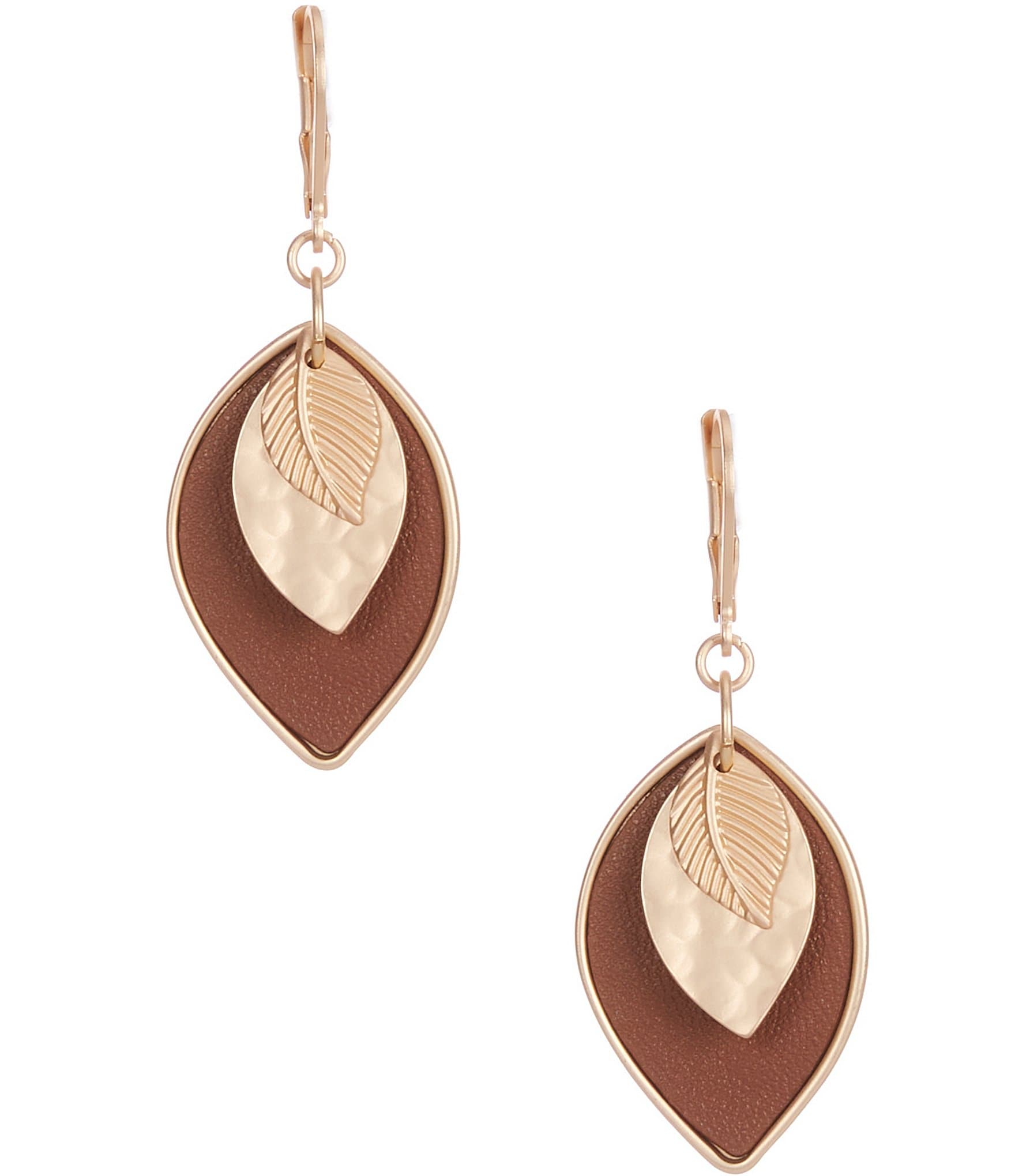 Southern Living Brown Leather Metal Leaf Drop Earrings