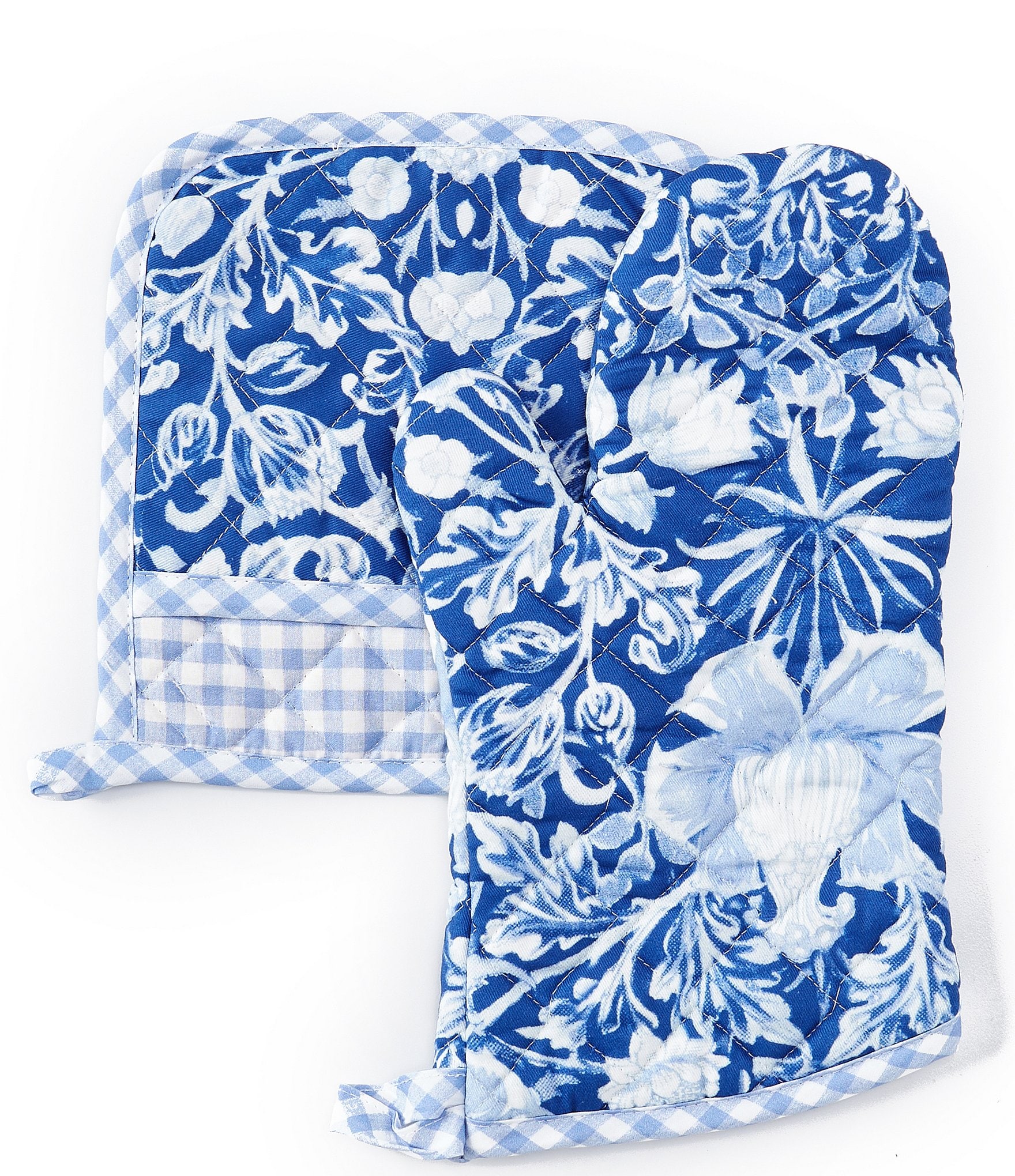 Blue and Beige Flowers Oven Mitt and Pot holder Set Heat Resistant