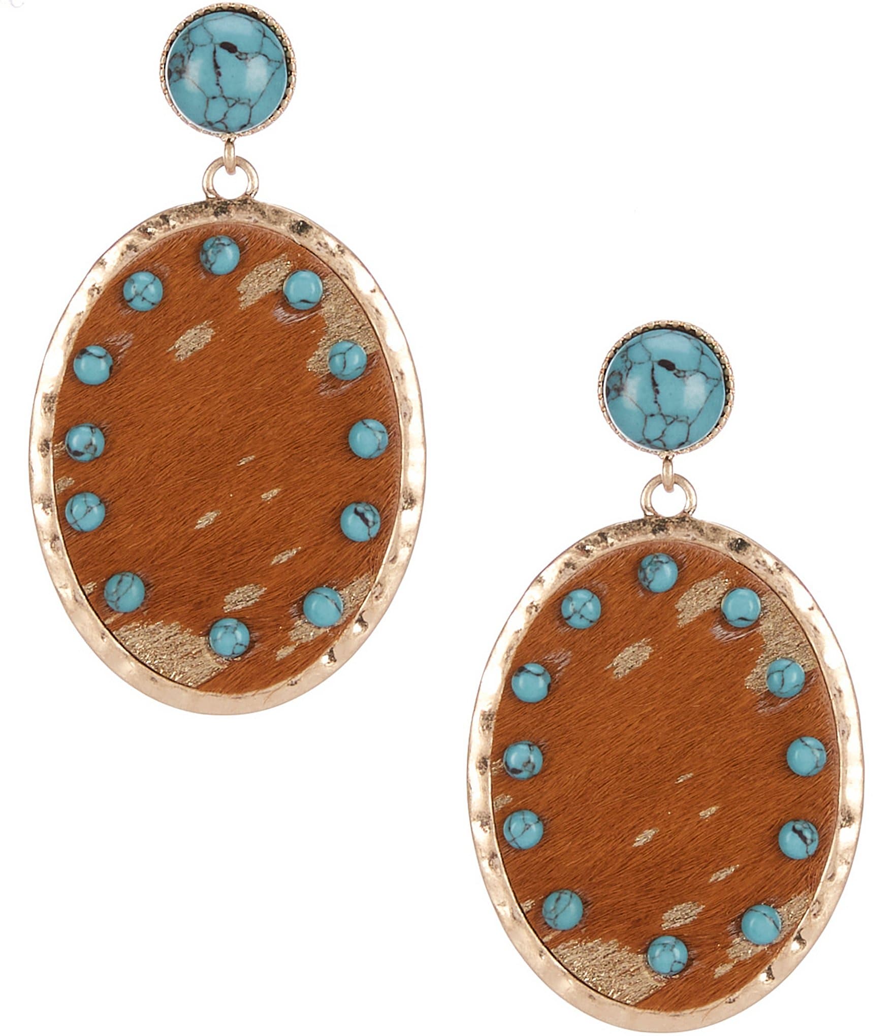 Southern Living Faux Leather Oval with Turquoise Stones Statement Drop Earrings