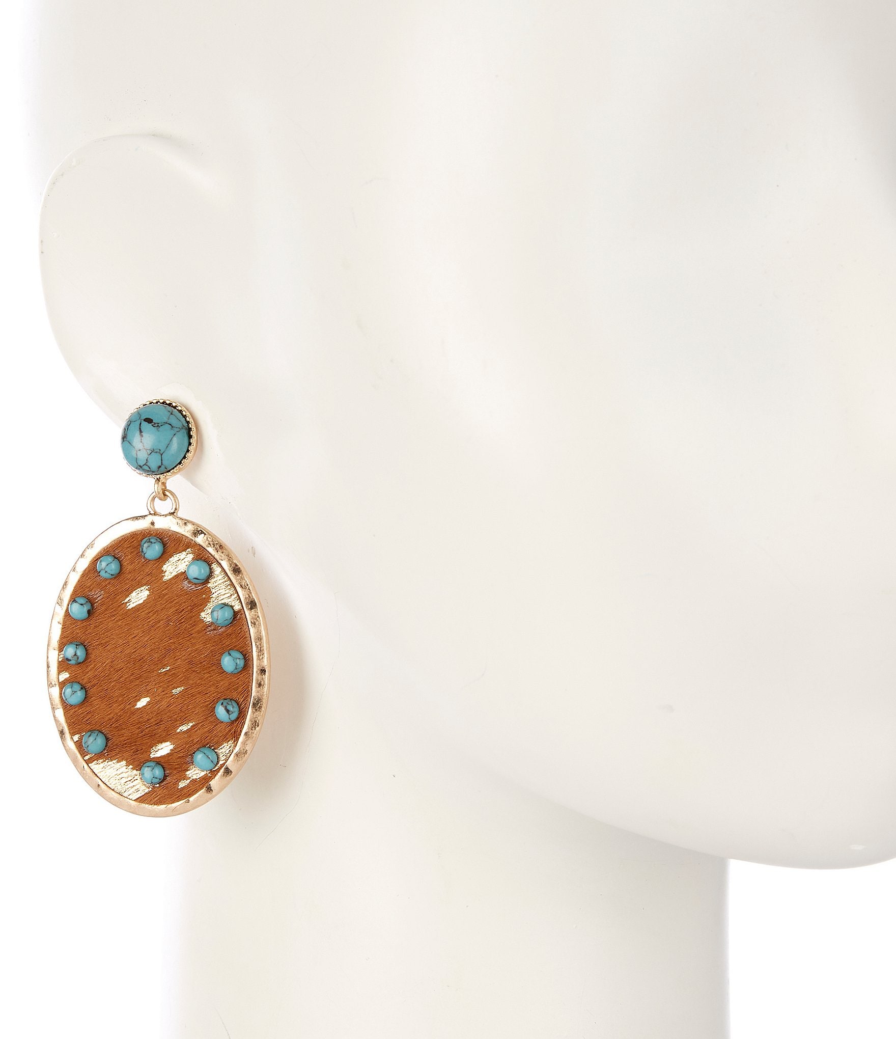 Southern Living Faux Leather Oval with Turquoise Stones Statement Drop Earrings