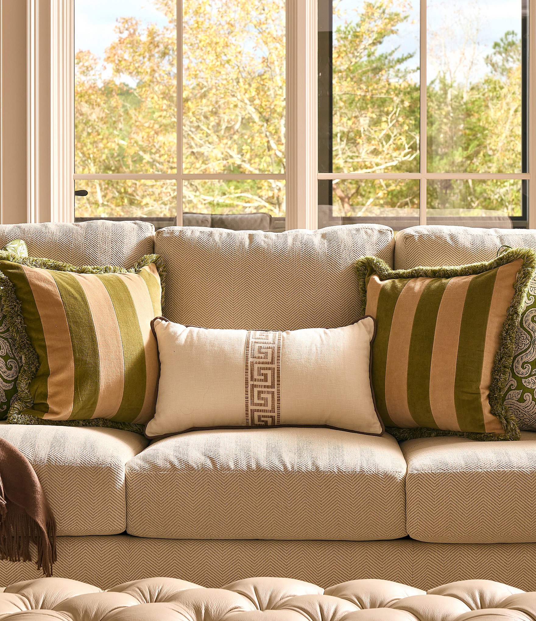 Southern Living Greek Key Tape Embroidered Lumbar Decorative Pillow
