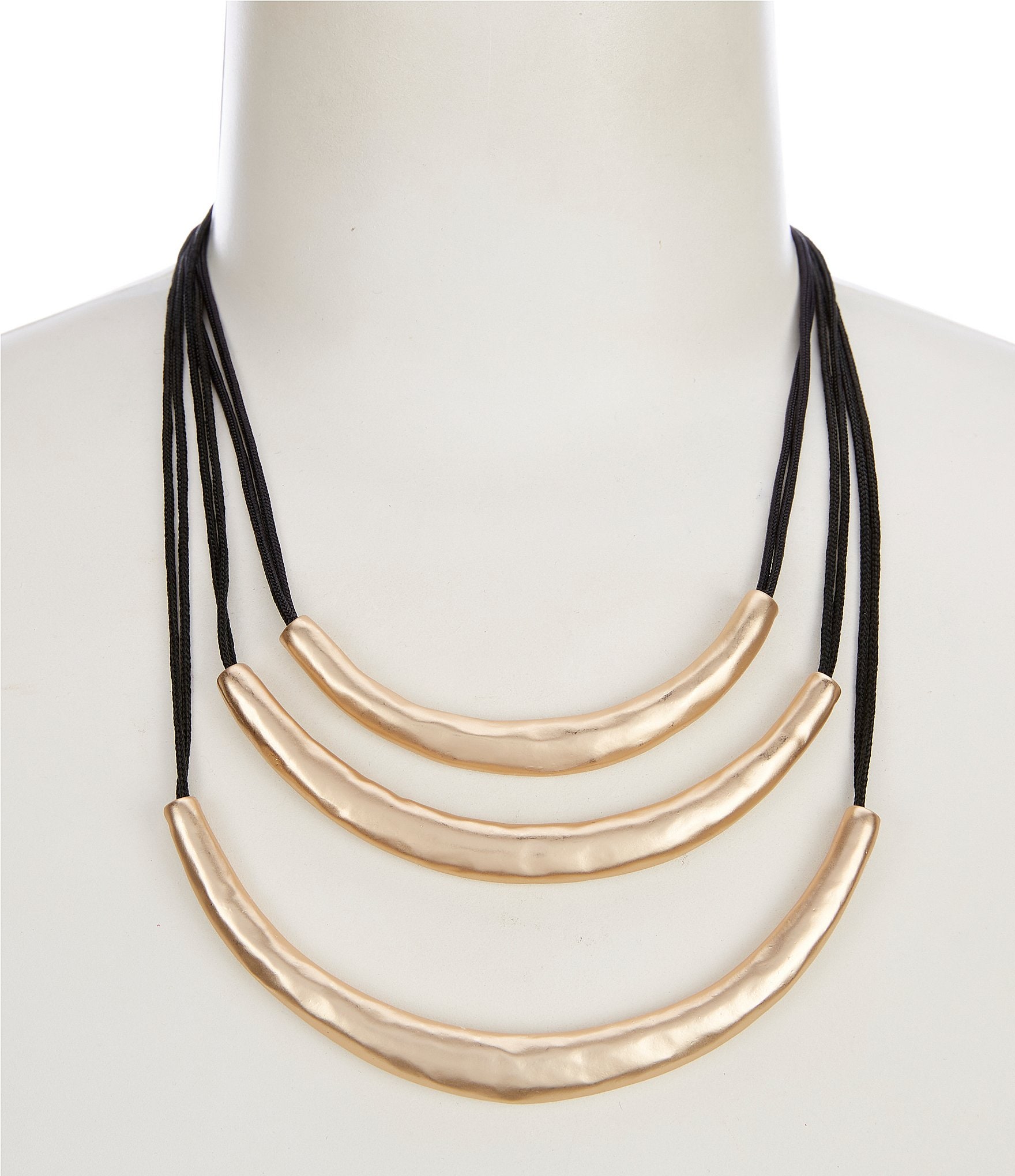 Southern Living Hammered Metal Graduating Bar Jet Cord Short Multi-Strand Necklace
