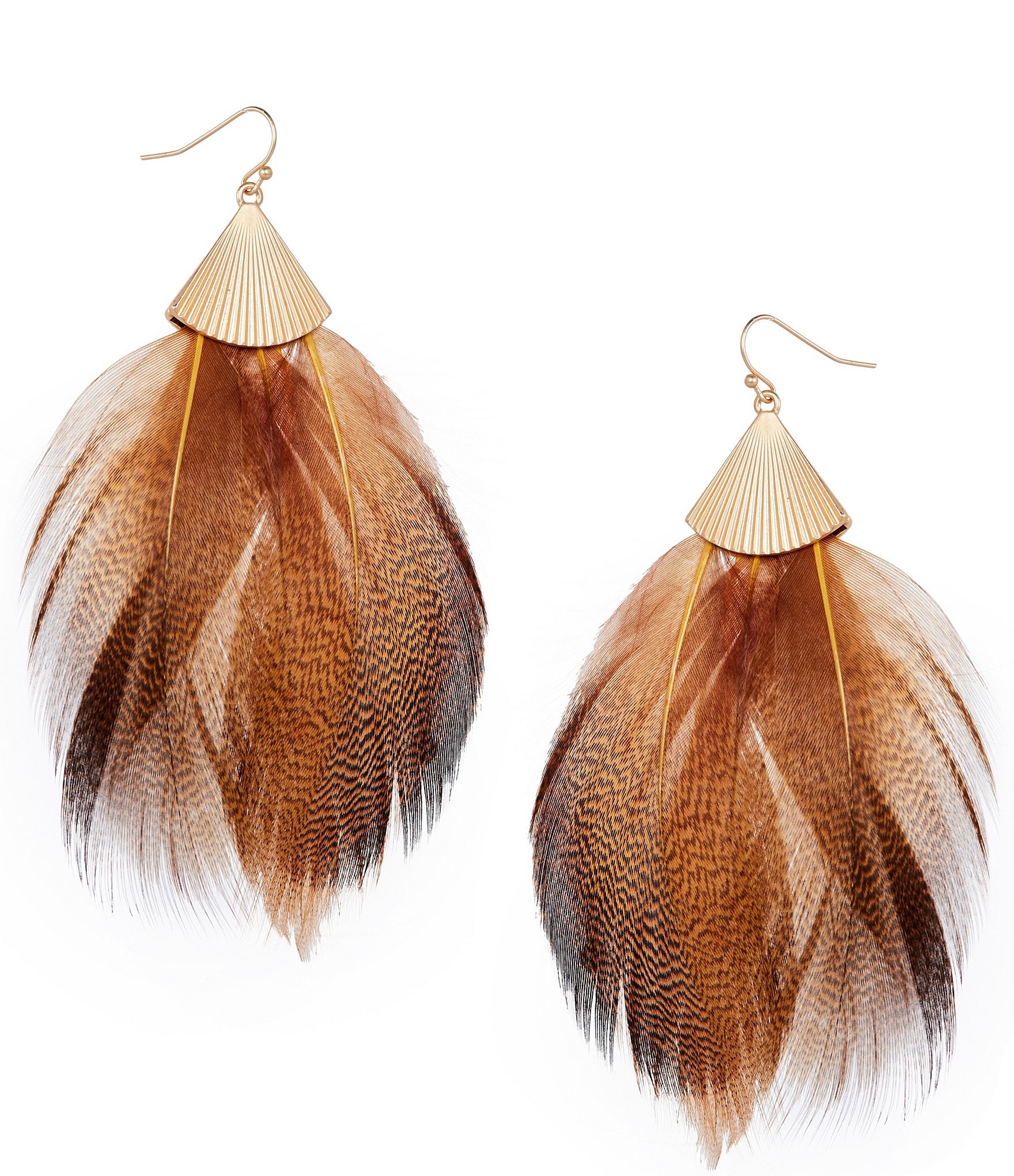 Southern Living Line Textured Metal Brown Multi Feather Drop Earrings