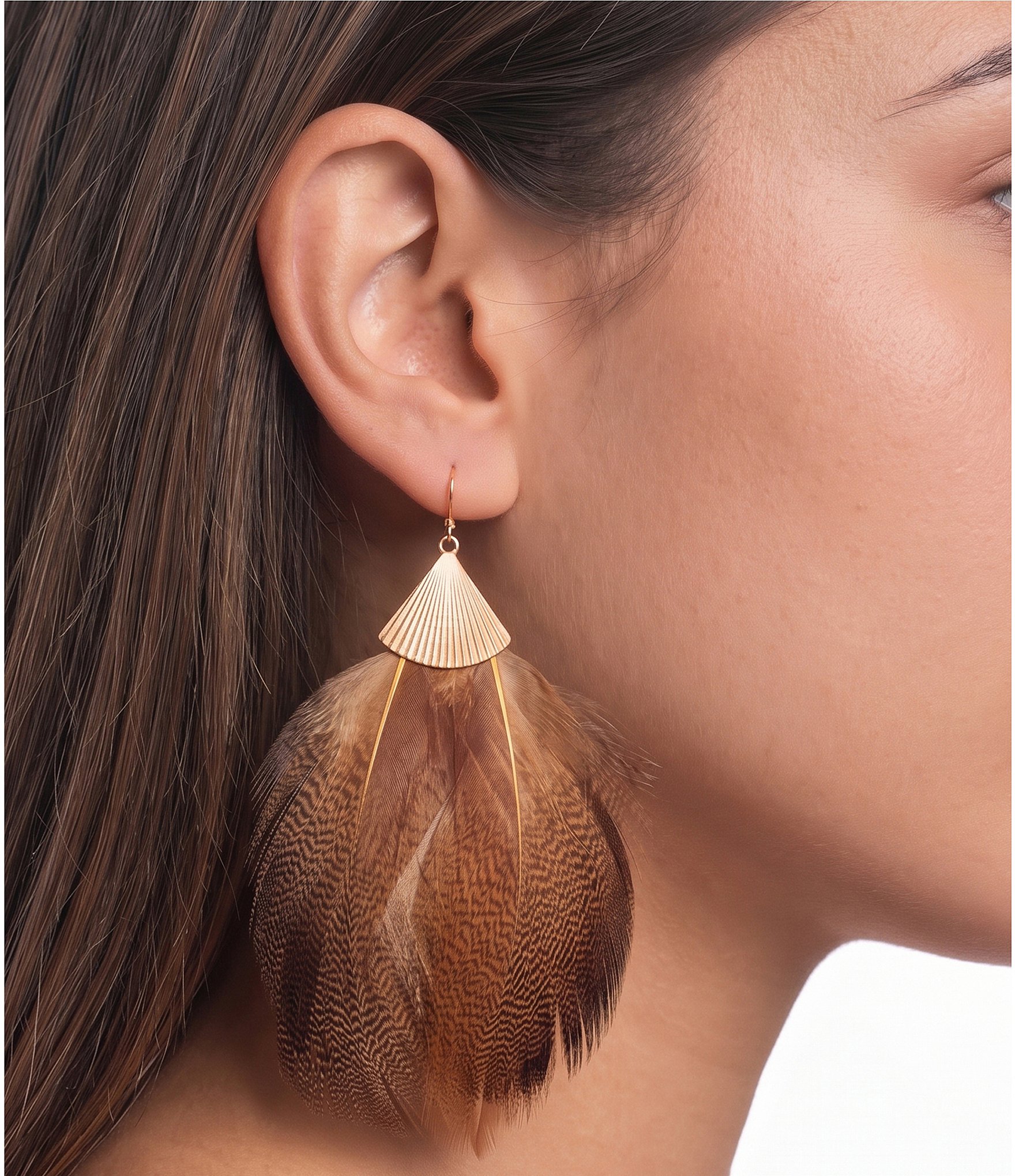 Southern Living Line Textured Metal Brown Multi Feather Drop Earrings