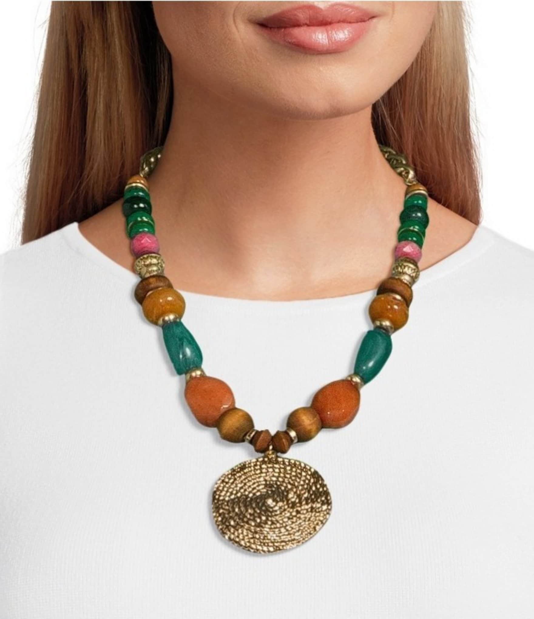 Southern Living Mixed Media Coin Pendant Short Pendant Beaded Statement Necklace