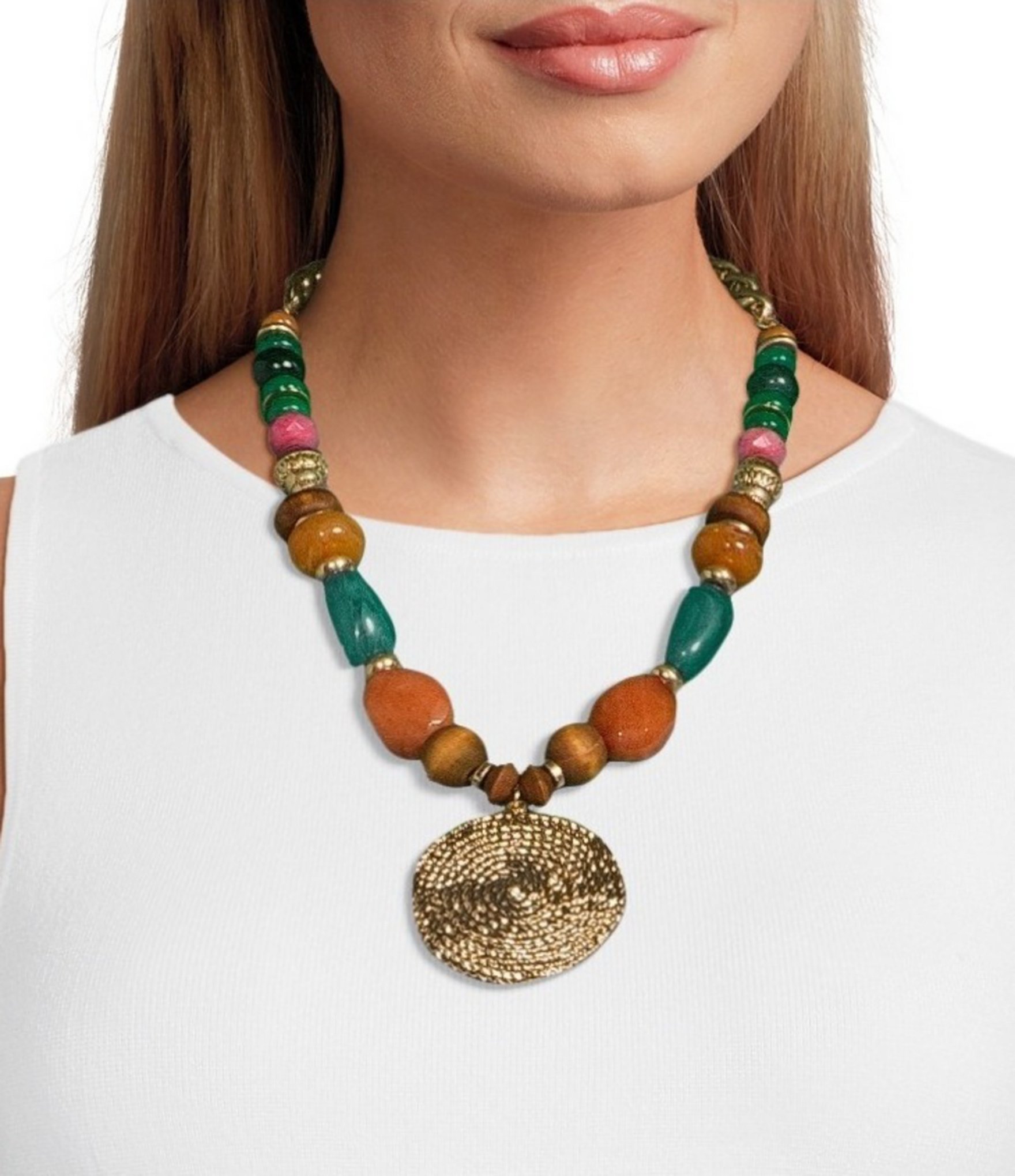 Southern Living Mixed Media Coin Pendant Short Pendant Beaded Statement Necklace