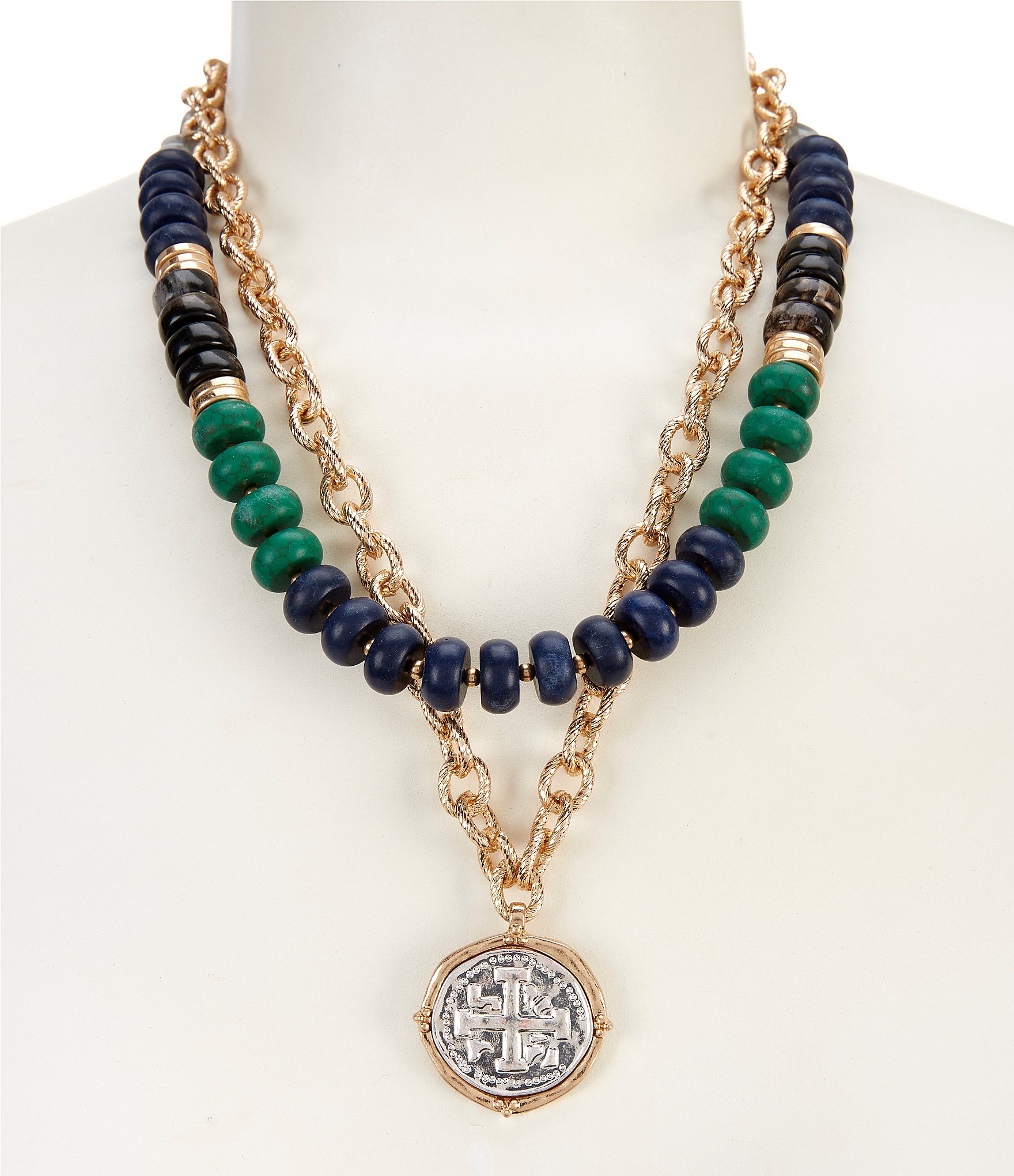 Southern Living Mixed Media Double Strand Statement Necklace with Coin Pendant