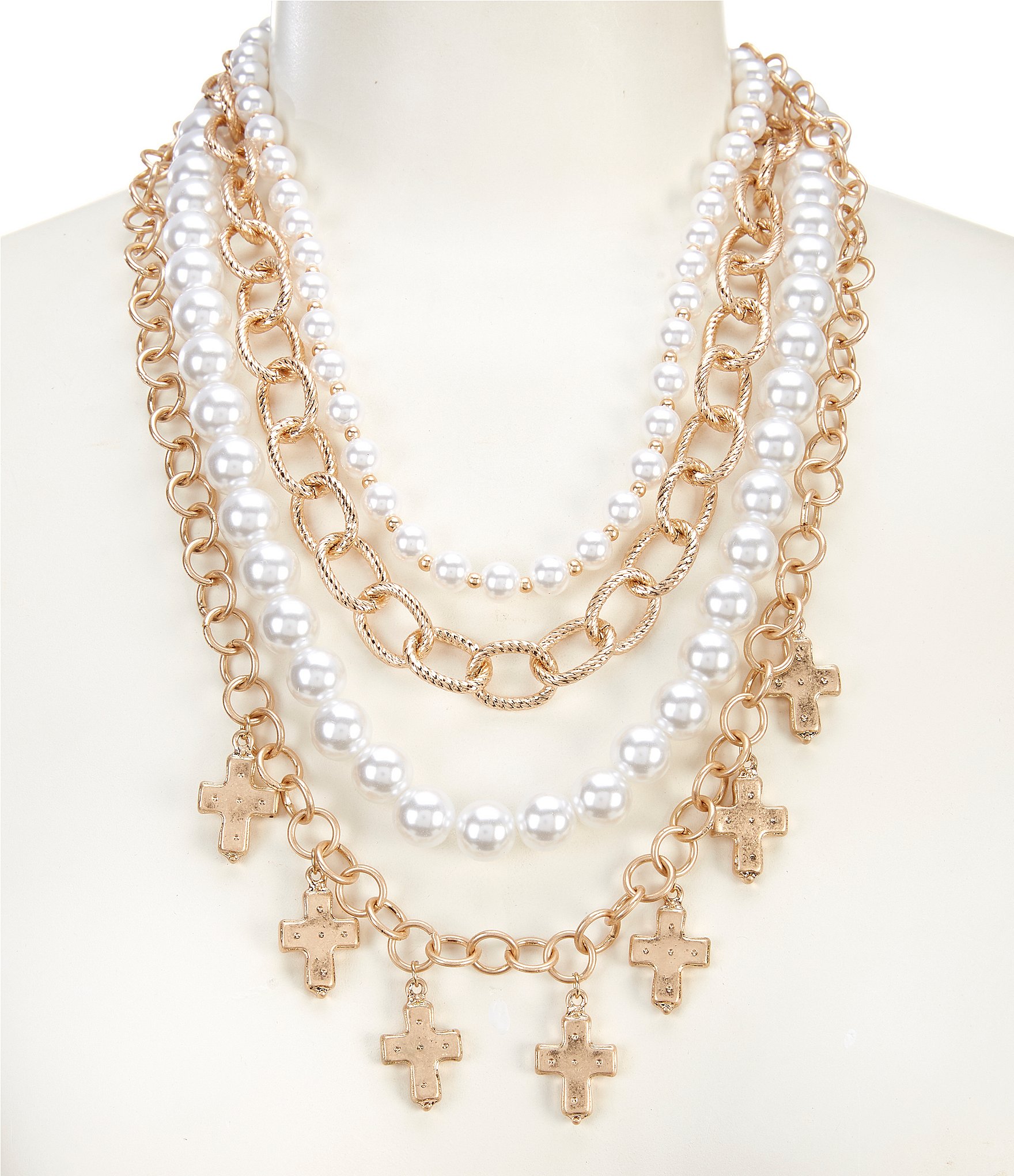 Southern Living Multi Layer Pearl and Chain Statement Necklace with Cross Charms