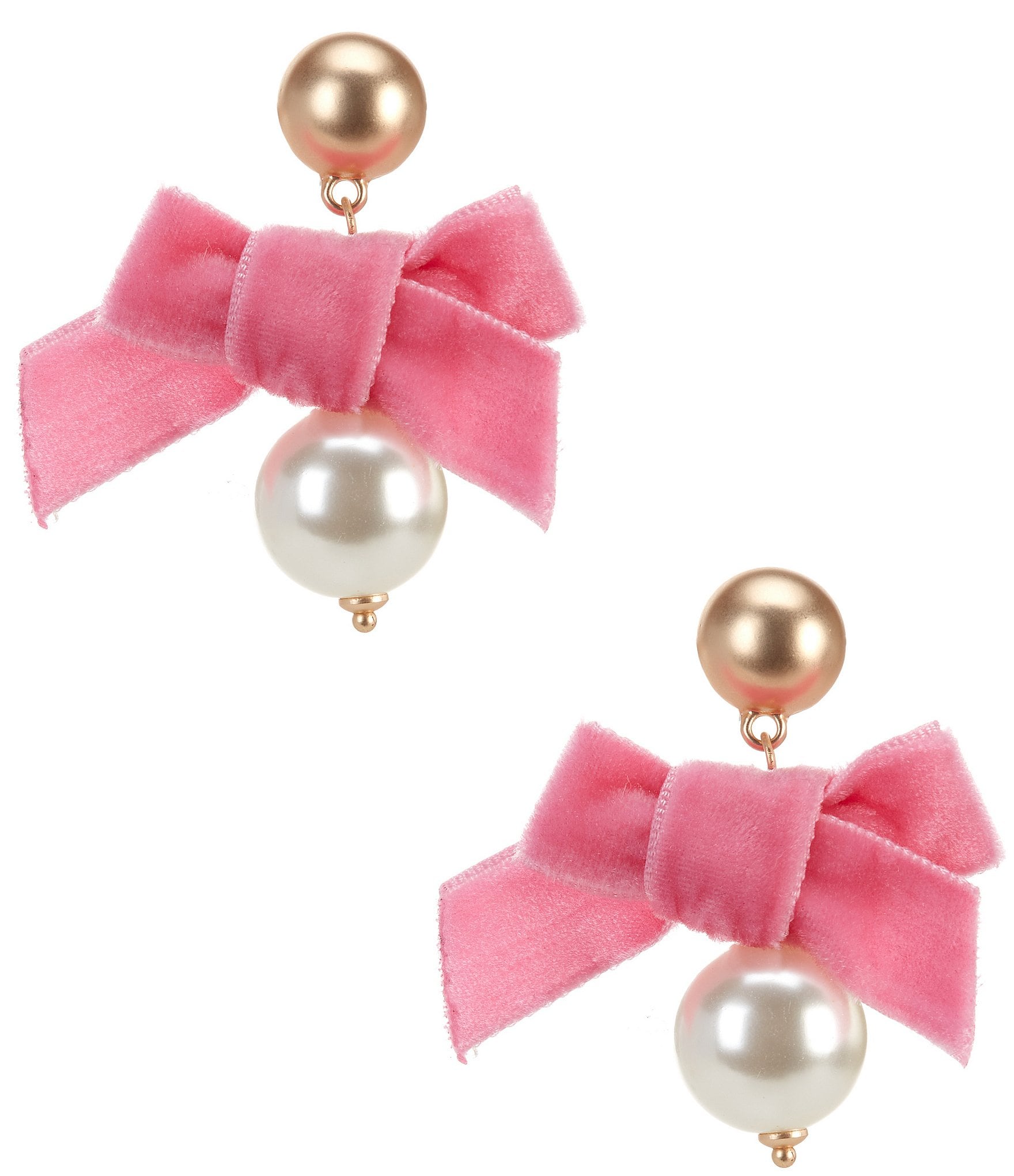 Southern Living Pink Velvet Bow Pearl Drop Earrings - Gold/Pink