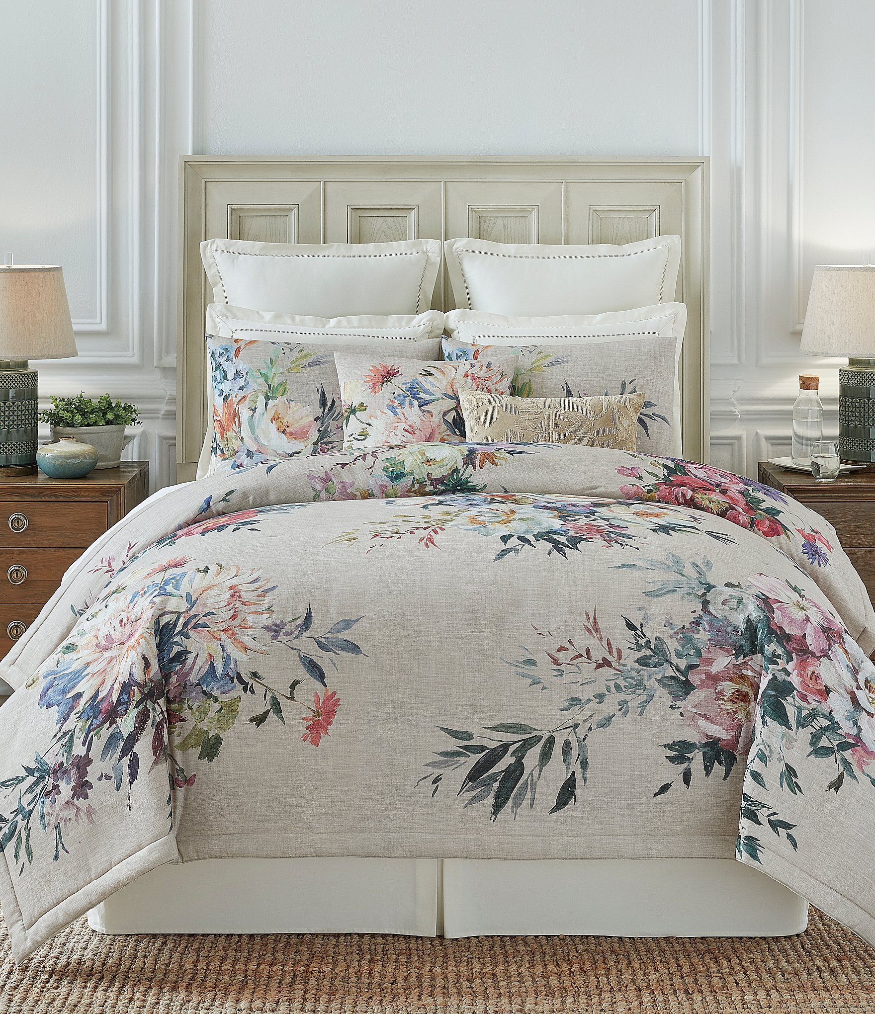 Floral Comforter Set Bedroom Bed Bedding Printed Full Queen Blue Grey 4 pc 