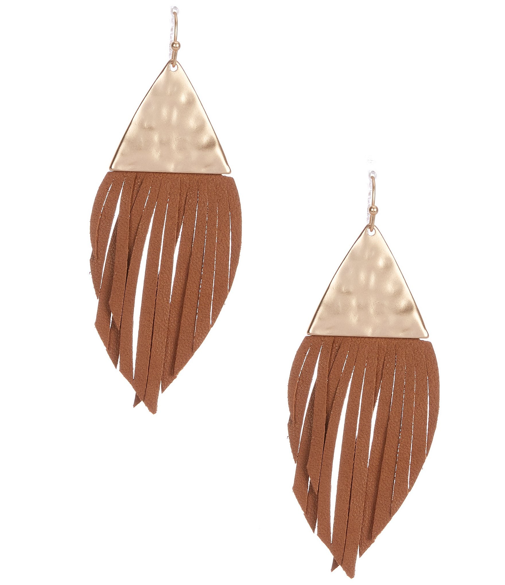 Southern Living Triangle Hammered Metal Brown Leather Drop Earrings