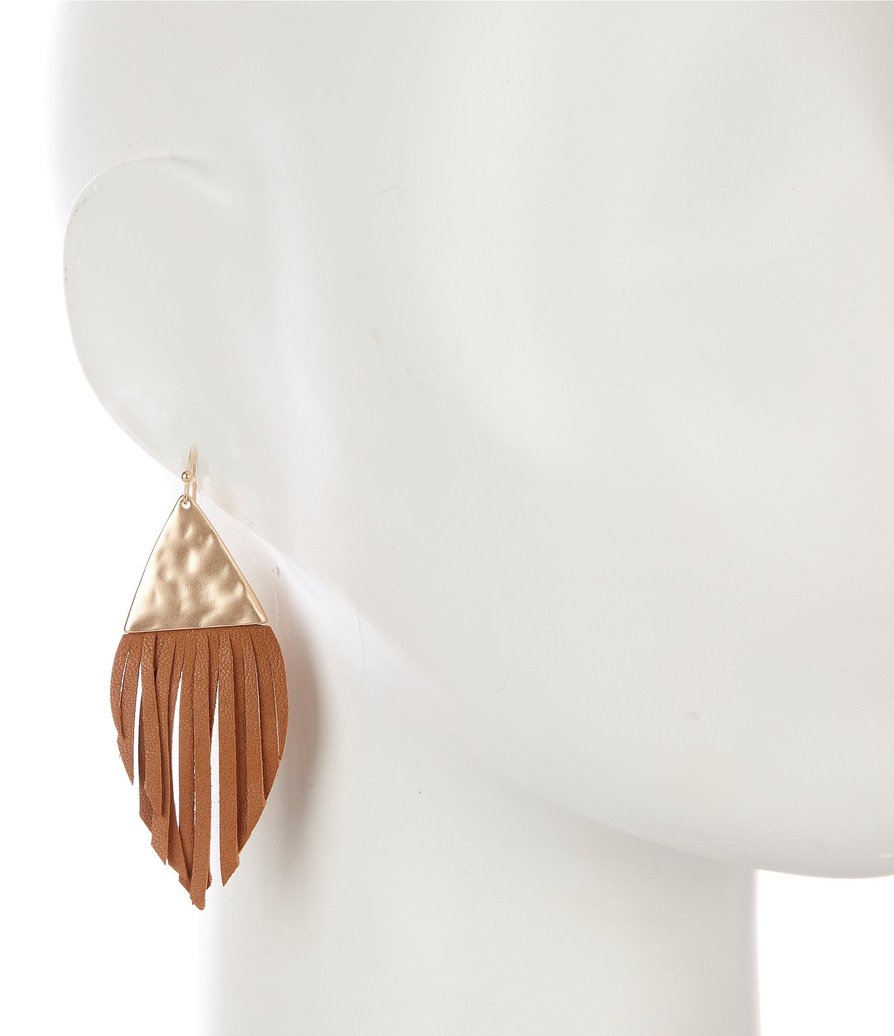 Southern Living Triangle Hammered Metal Brown Leather Drop Earrings