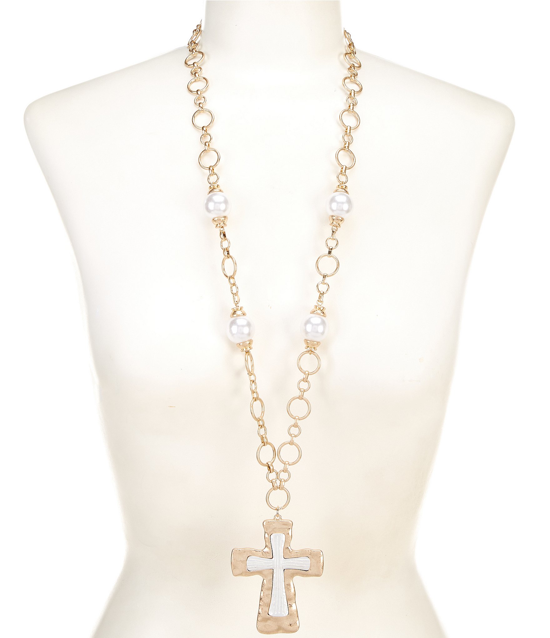 Southern Living Two Tone Cross Pendant Pearl Long Strand Necklace