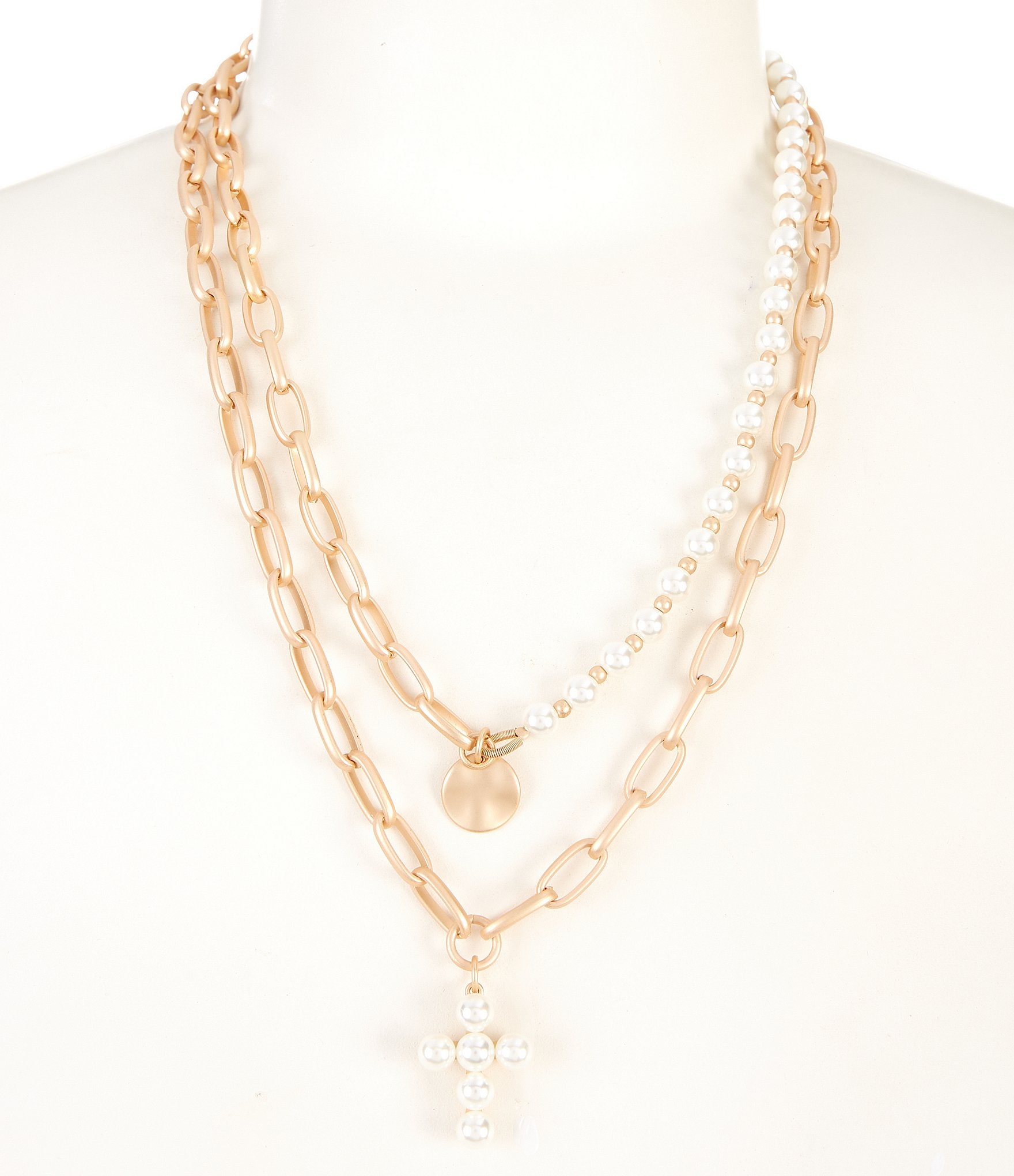 Southern Living Wavy Metal Disc & Pearl Cross Short Multi Strand Necklace