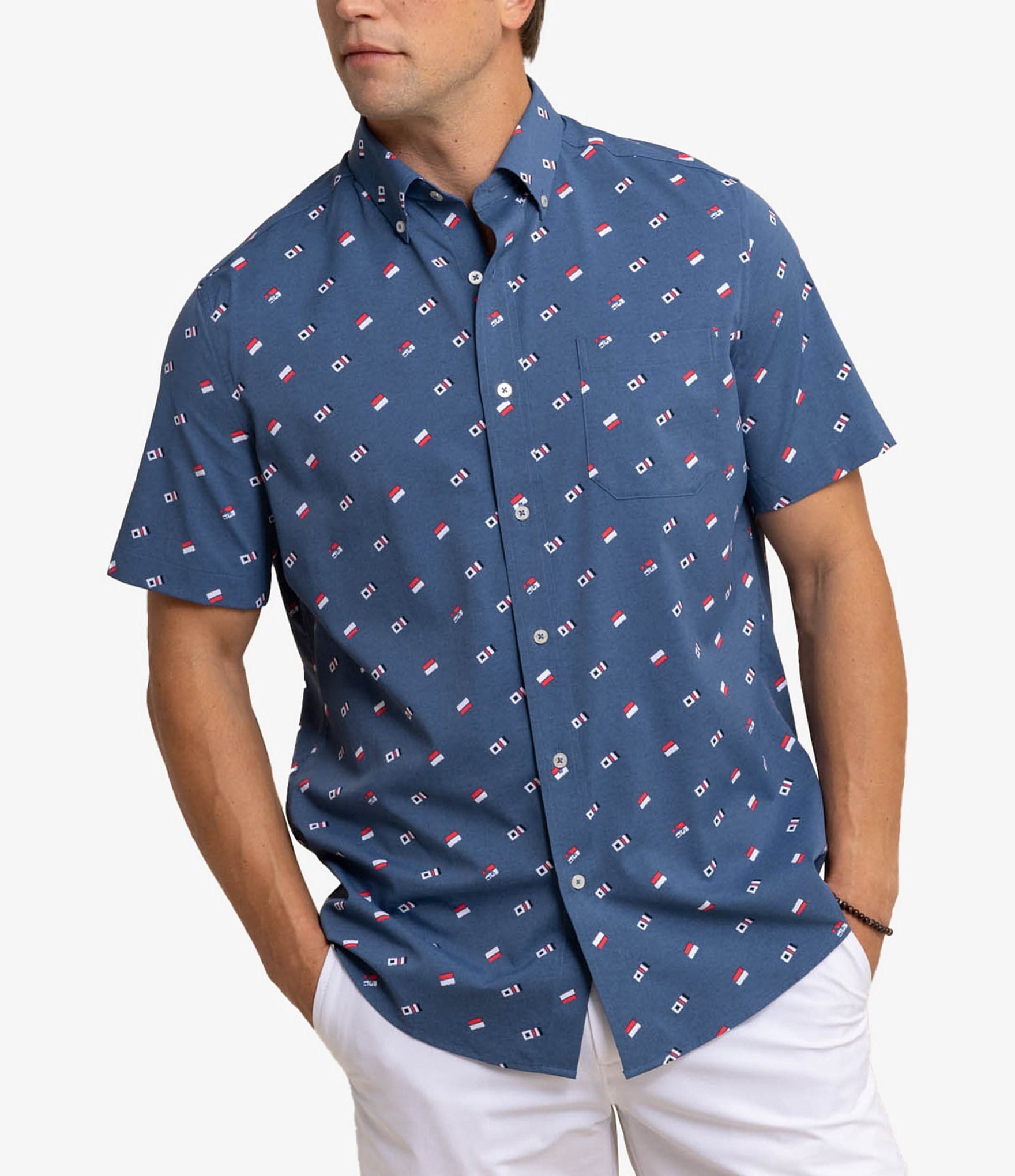 Southern Tide Intercoastal Performance Stretch Heather Keep It Nautical Short Sleeve Woven Shirt