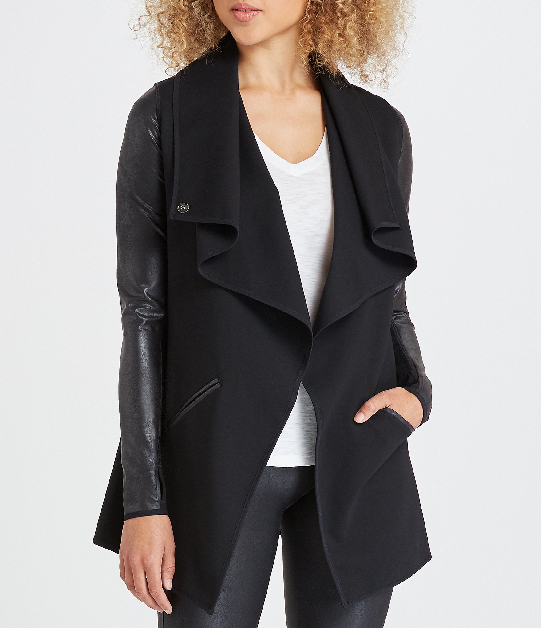 Spanx Ponte Vegan Leather Sleeve Drape Front Jacket | Dillard's