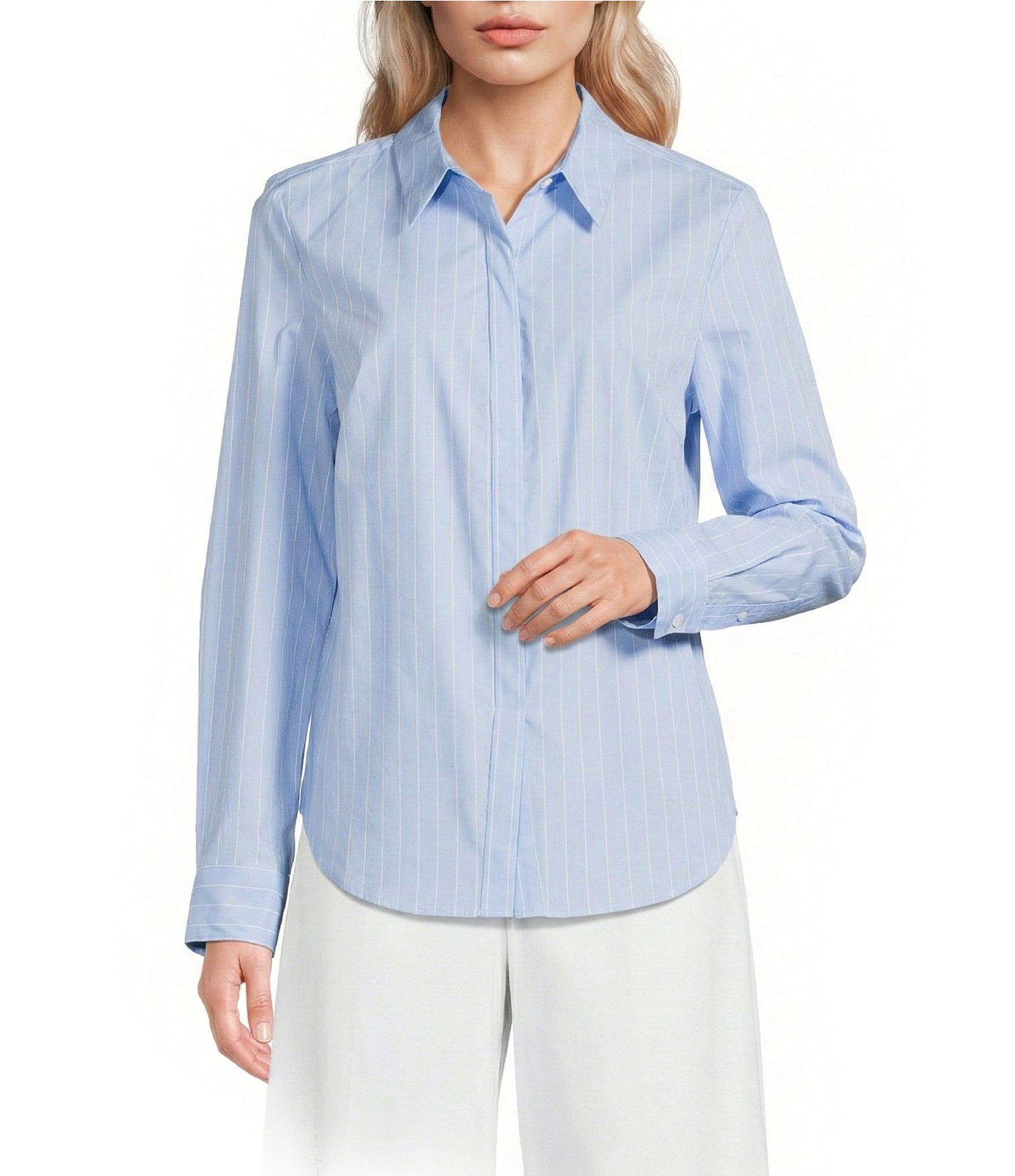 Spanx Stripe Poplin No-Gape Tailored Button Down Top