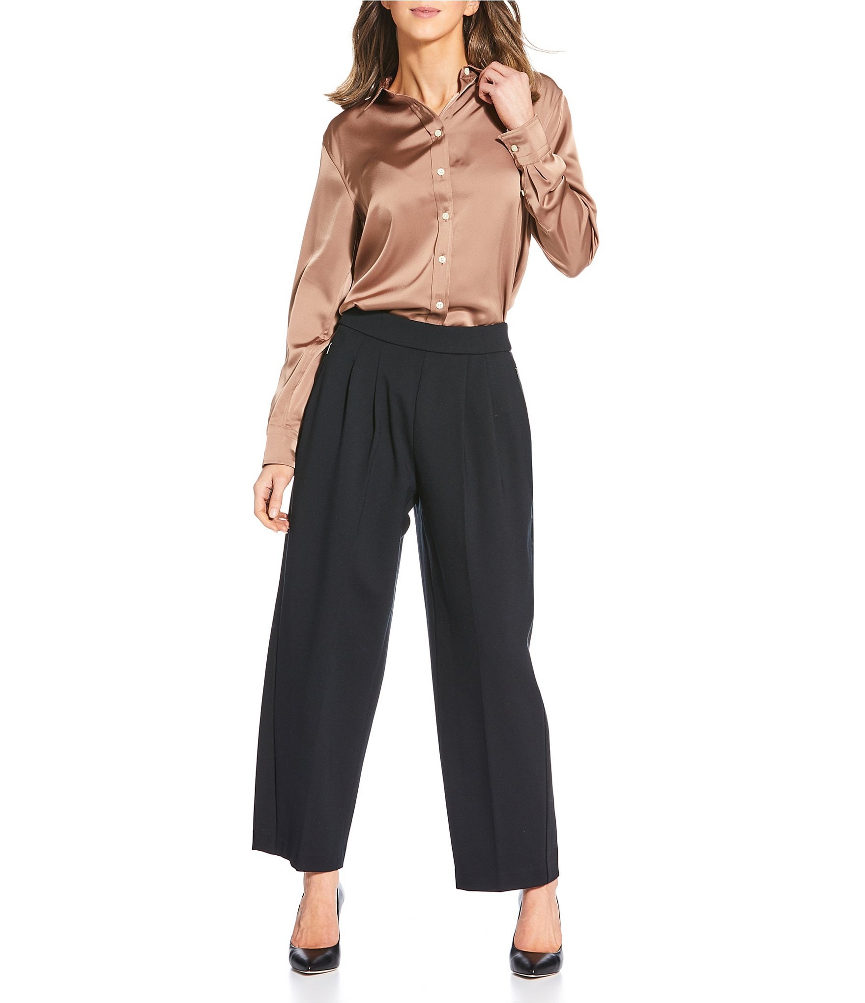 Spanx Woven Point Collar Long Sleeve Button Front Top