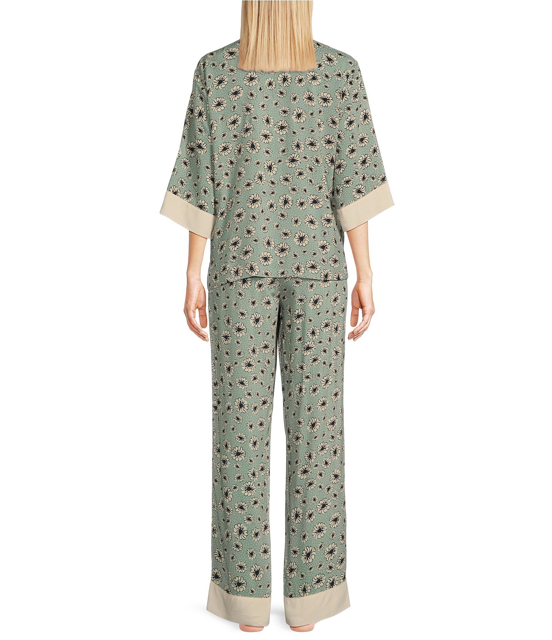 Splendid 3/4 Sleeve Notch Collar Long Woven Floral Pajama Set