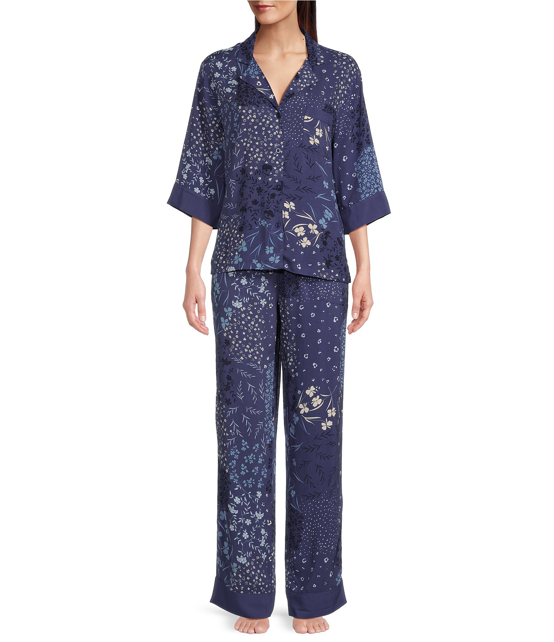 Splendid 3/4 Sleeve Notch Collar Woven Ditsy Patchwork Pajama Set