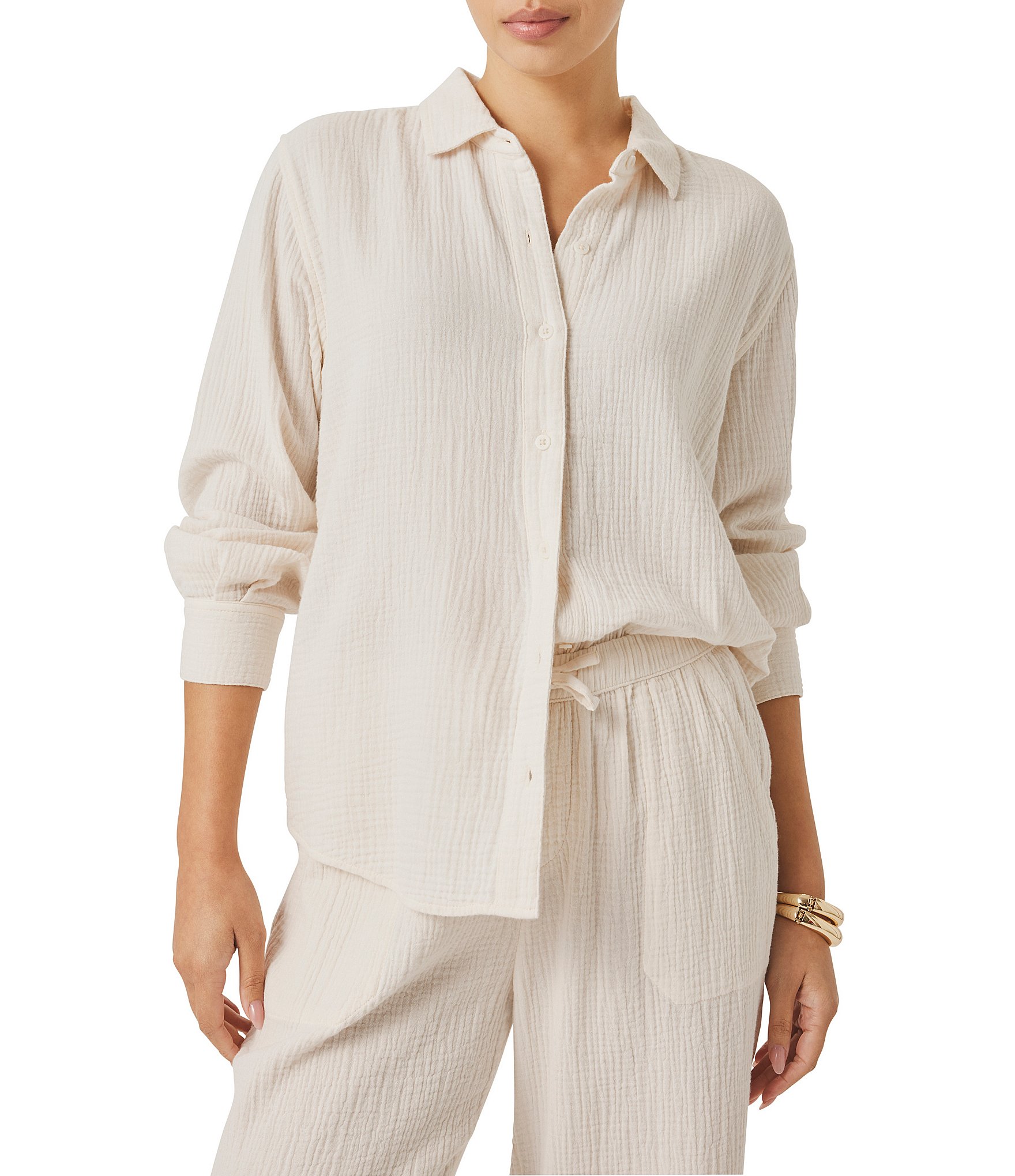 Splendid Adele Point Collar Long Sleeve Button Front Gauze Shirt