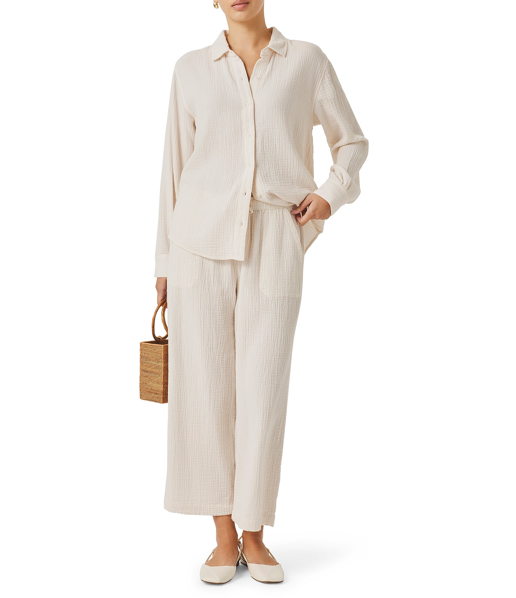 Splendid Adele Point Collar Long Sleeve Button Front Gauze Shirt